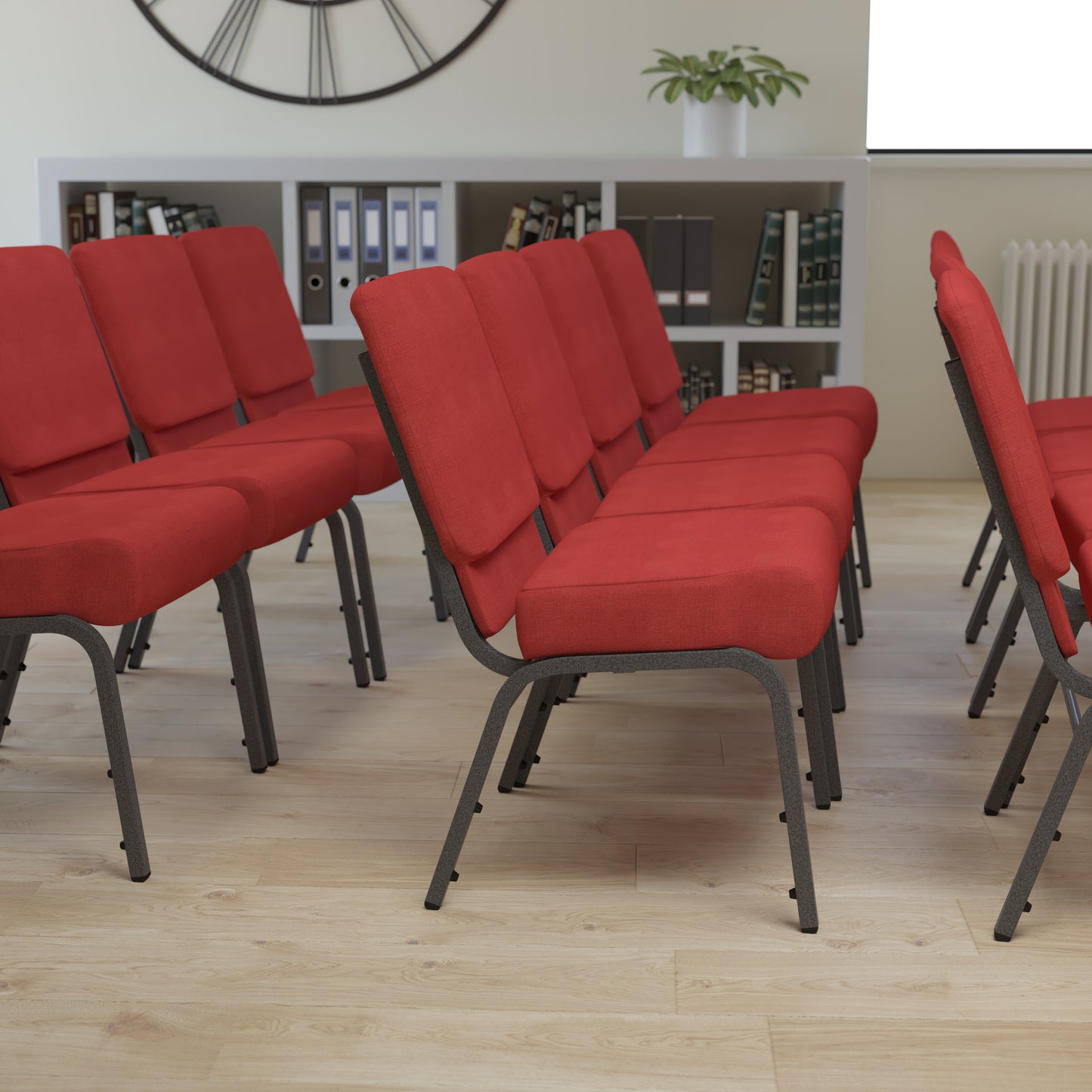 HERCULES Series 21''W Stacking Church Chair in Crimson Fabric - Silver Vein Frame Crimson Fabric/Silver Vein Frame