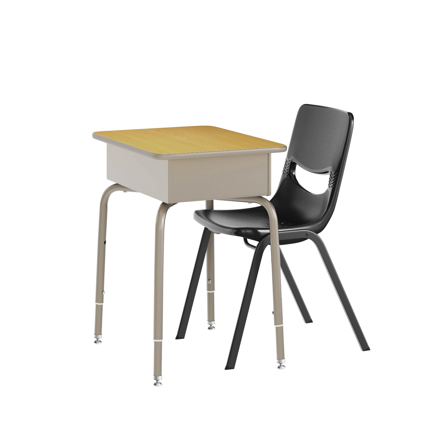 HERCULES Student Desk with Open Front Metal Book Box, Maple Desktop, and Silver Frame and Black Heavy-Duty Flex Comfort Classroom Stack Chair Maple Top/Black Chair
