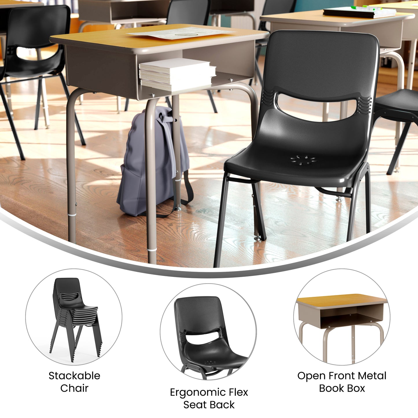 HERCULES Student Desk with Open Front Metal Book Box, Maple Desktop, and Silver Frame and Black Heavy-Duty Flex Comfort Classroom Stack Chair Maple Top/Black Chair