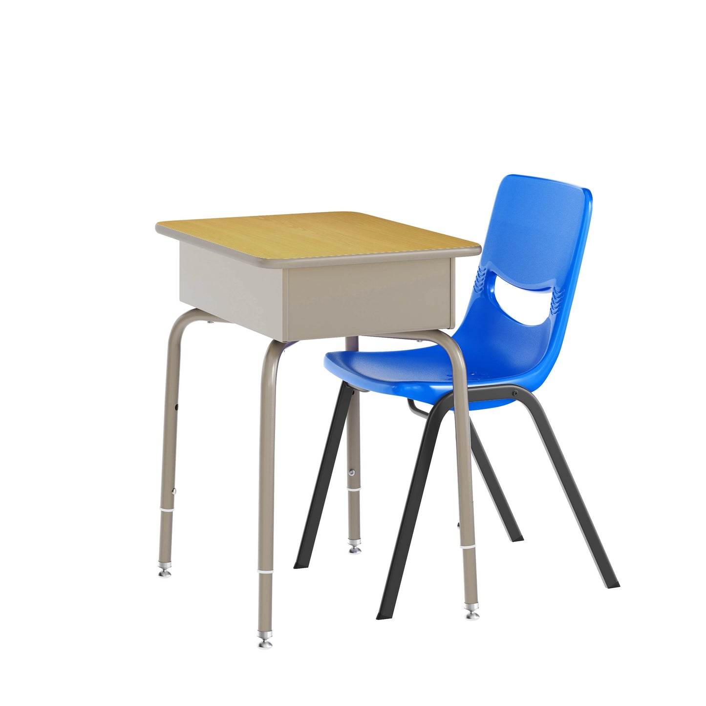 HERCULES Student Desk with Open Front Metal Book Box, Maple Desktop, and Silver Frame and Navy Heavy-Duty Flex Comfort Classroom Stack Chair Maple Top/Navy Chair