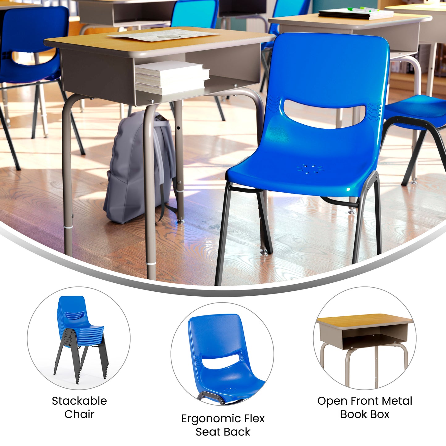 HERCULES Student Desk with Open Front Metal Book Box, Maple Desktop, and Silver Frame and Navy Heavy-Duty Flex Comfort Classroom Stack Chair Maple Top/Navy Chair