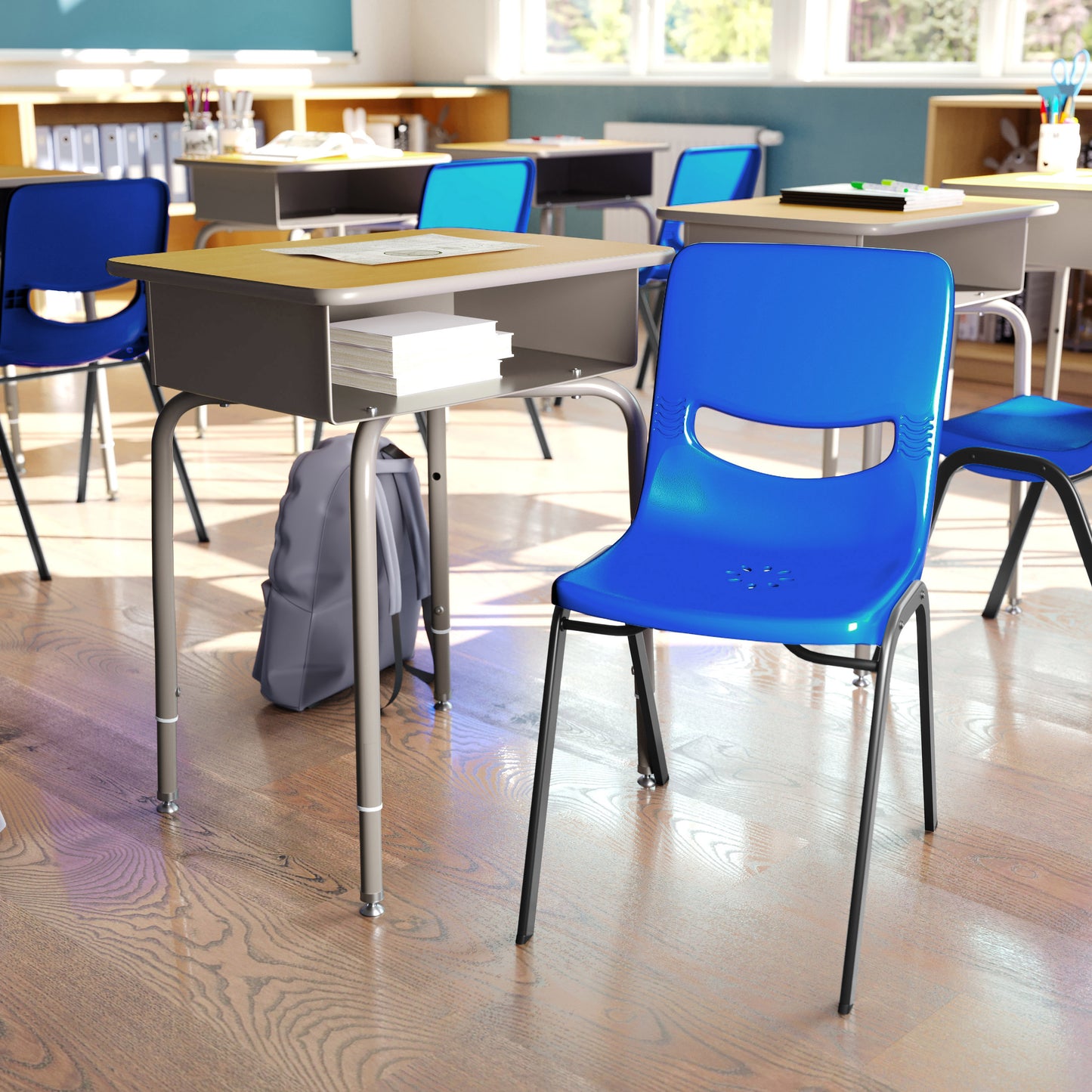 HERCULES Student Desk with Open Front Metal Book Box, Maple Desktop, and Silver Frame and Navy Heavy-Duty Flex Comfort Classroom Stack Chair Maple Top/Navy Chair