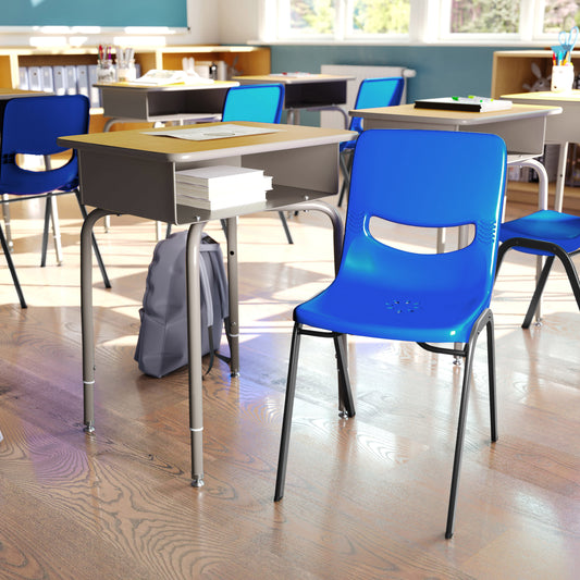 HERCULES Student Desk with Open Front Metal Book Box, Maple Desktop, and Silver Frame and Navy Heavy-Duty Flex Comfort Classroom Stack Chair Maple Top/Navy Chair