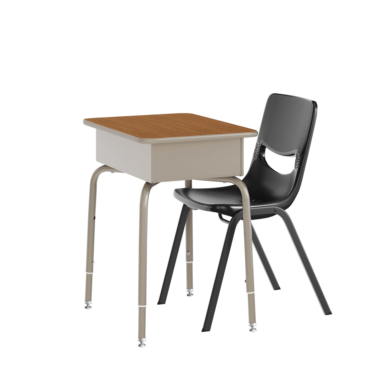 HERCULES Student Desk with Open Front Metal Book Box, Walnut Desktop, and Silver Frame and Black Heavy-Duty Flex Comfort Classroom Stack Chair Walnut Top/Black Chair FD-DESK-GWA-SCH3BB-GG