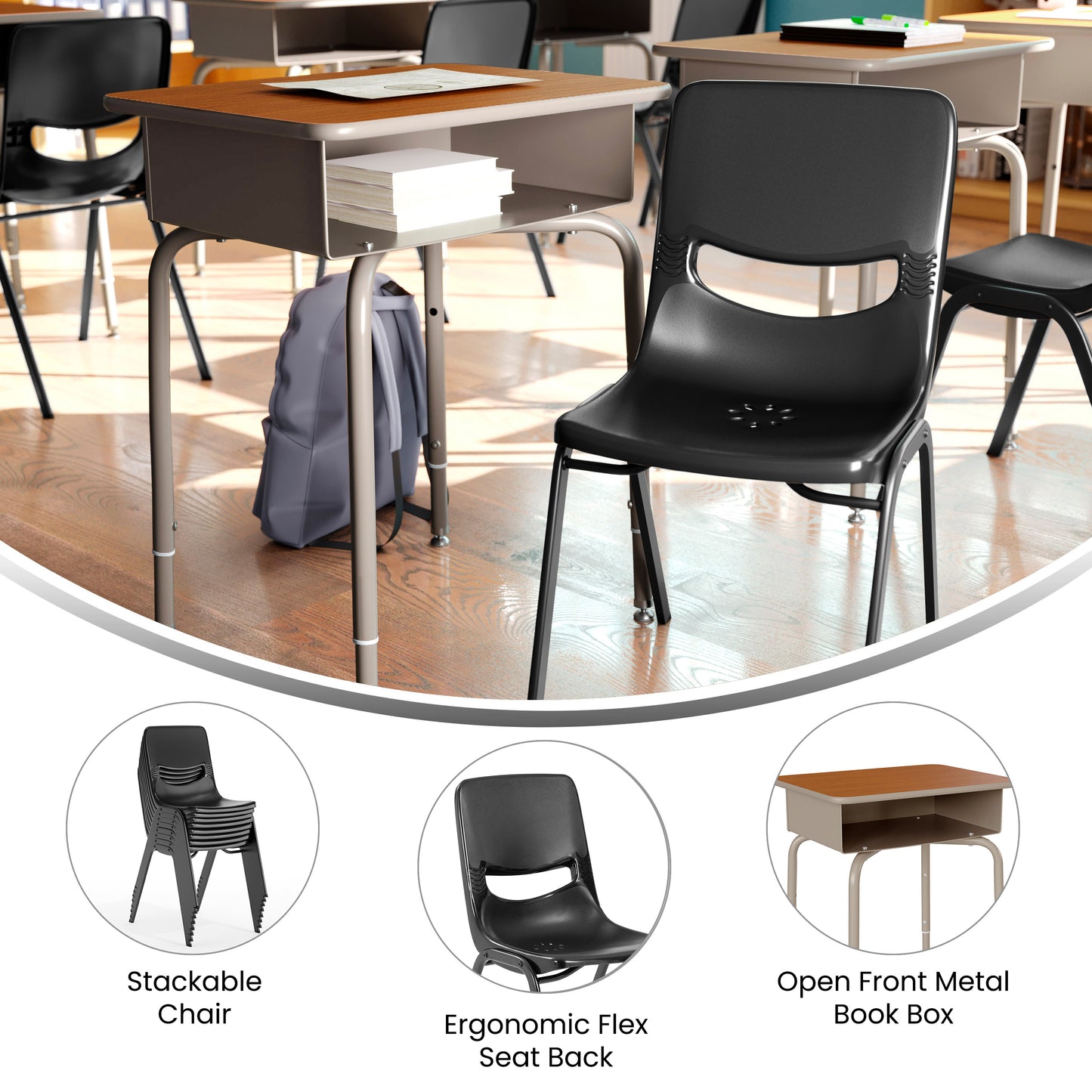 HERCULES Student Desk with Open Front Metal Book Box, Walnut Desktop, and Silver Frame and Black Heavy-Duty Flex Comfort Classroom Stack Chair Walnut Top/Black Chair FD-DESK-GWA-SCH3BB-GG