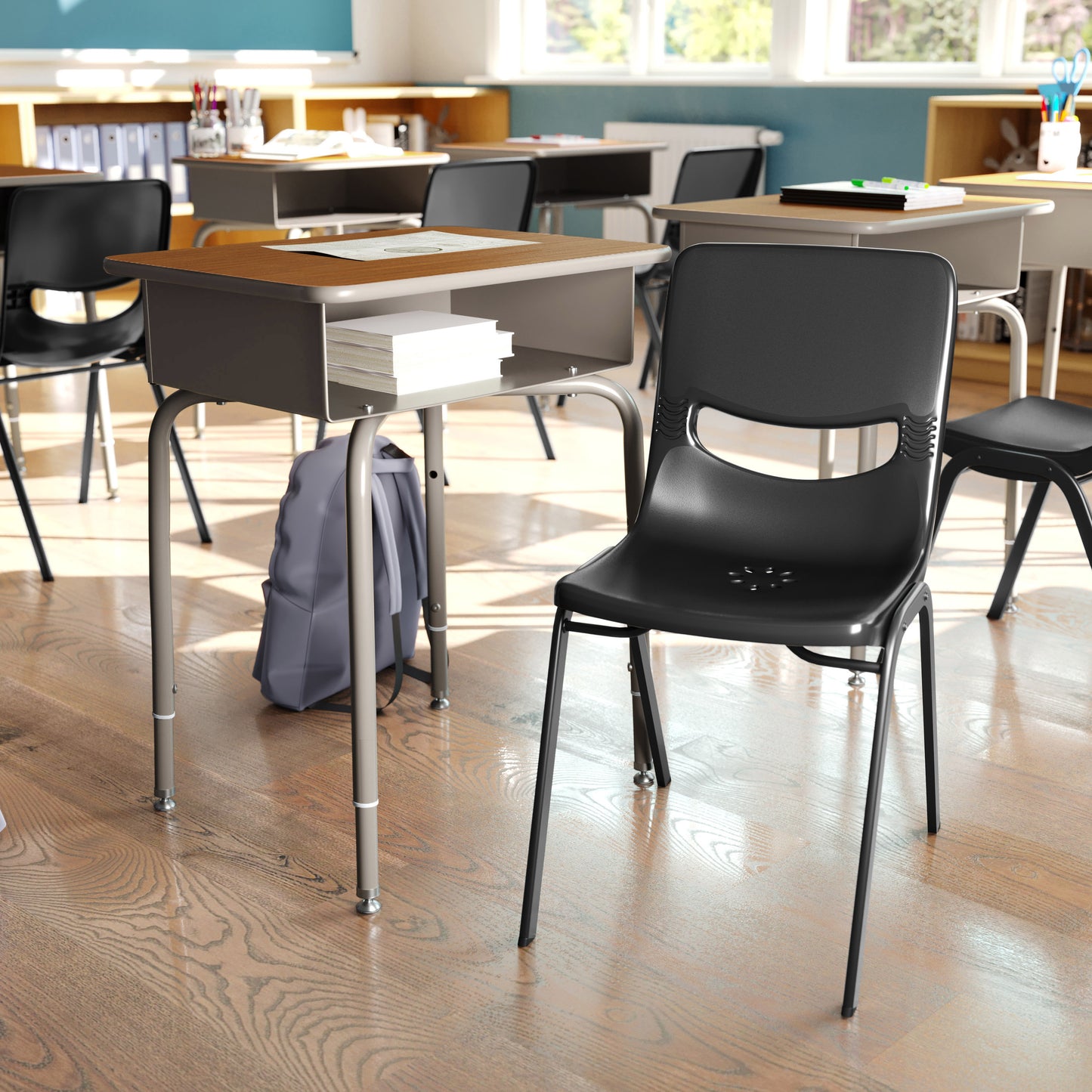 HERCULES Student Desk with Open Front Metal Book Box, Walnut Desktop, and Silver Frame and Black Heavy-Duty Flex Comfort Classroom Stack Chair Walnut Top/Black Chair FD-DESK-GWA-SCH3BB-GG