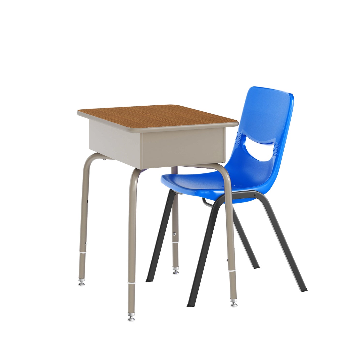 HERCULES Student Desk with Open Front Metal Book Box, Walnut Desktop, and Silver Frame and Navy Heavy-Duty Flex Comfort Classroom Stack Chair Walnut Top/Navy Chair