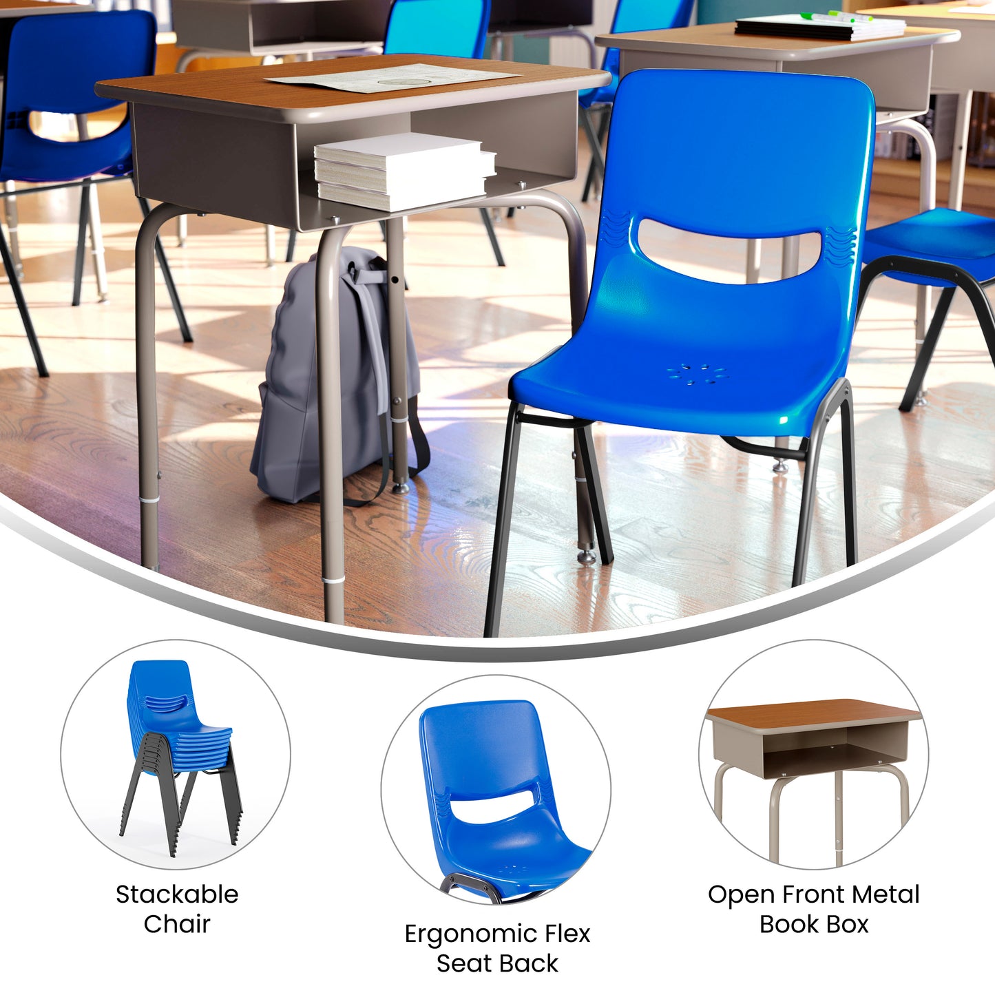 HERCULES Student Desk with Open Front Metal Book Box, Walnut Desktop, and Silver Frame and Navy Heavy-Duty Flex Comfort Classroom Stack Chair Walnut Top/Navy Chair