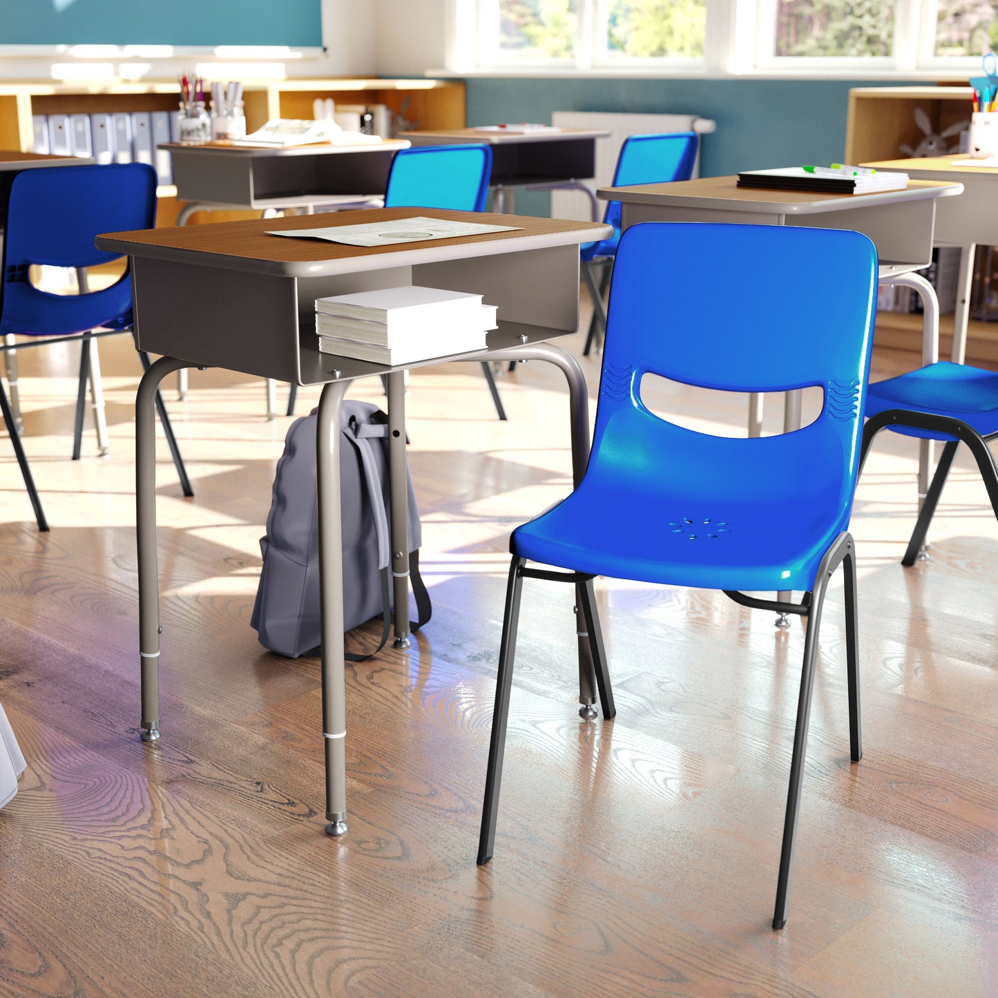 HERCULES Student Desk with Open Front Metal Book Box, Walnut Desktop, and Silver Frame and Navy Heavy-Duty Flex Comfort Classroom Stack Chair Walnut Top/Navy Chair
