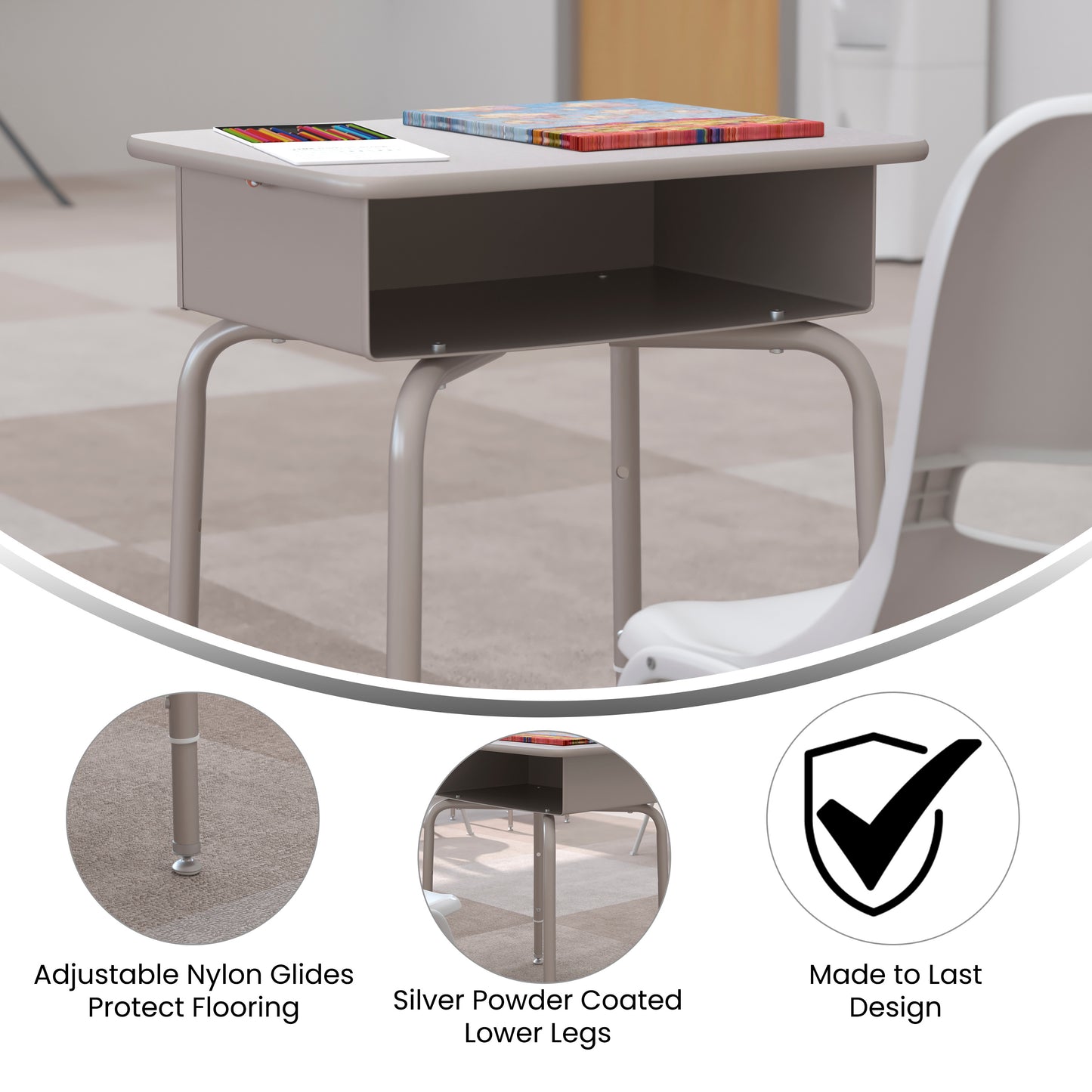 Billie Student Desk with Open Front Metal Book Box - Gray Granite/Silver Gray Granite Top/Silver Frame