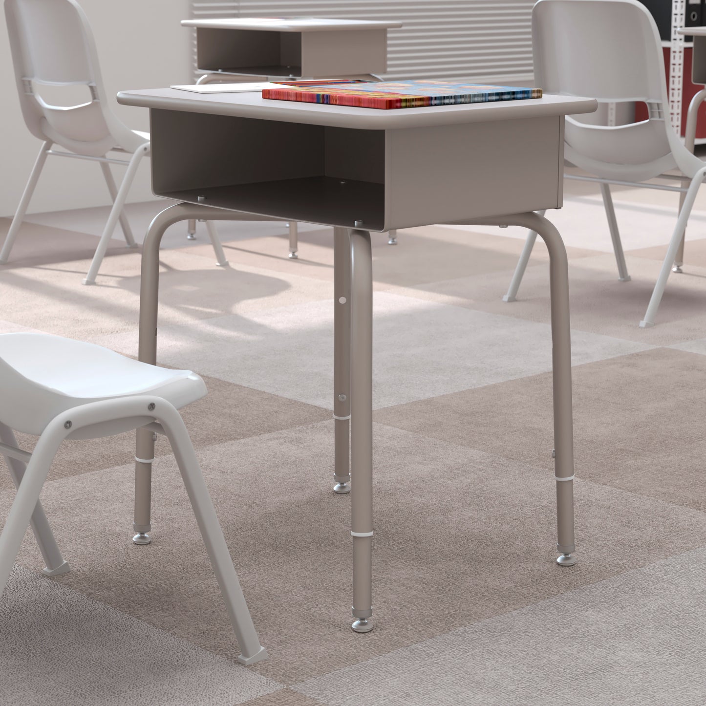 Billie Student Desk with Open Front Metal Book Box - Gray Granite/Silver Gray Granite Top/Silver Frame