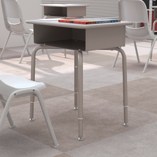 Billie Student Desk with Open Front Metal Book Box - Gray Granite/Silver Gray Granite Top/Silver Frame FD-DESK-GY-GY-GG
