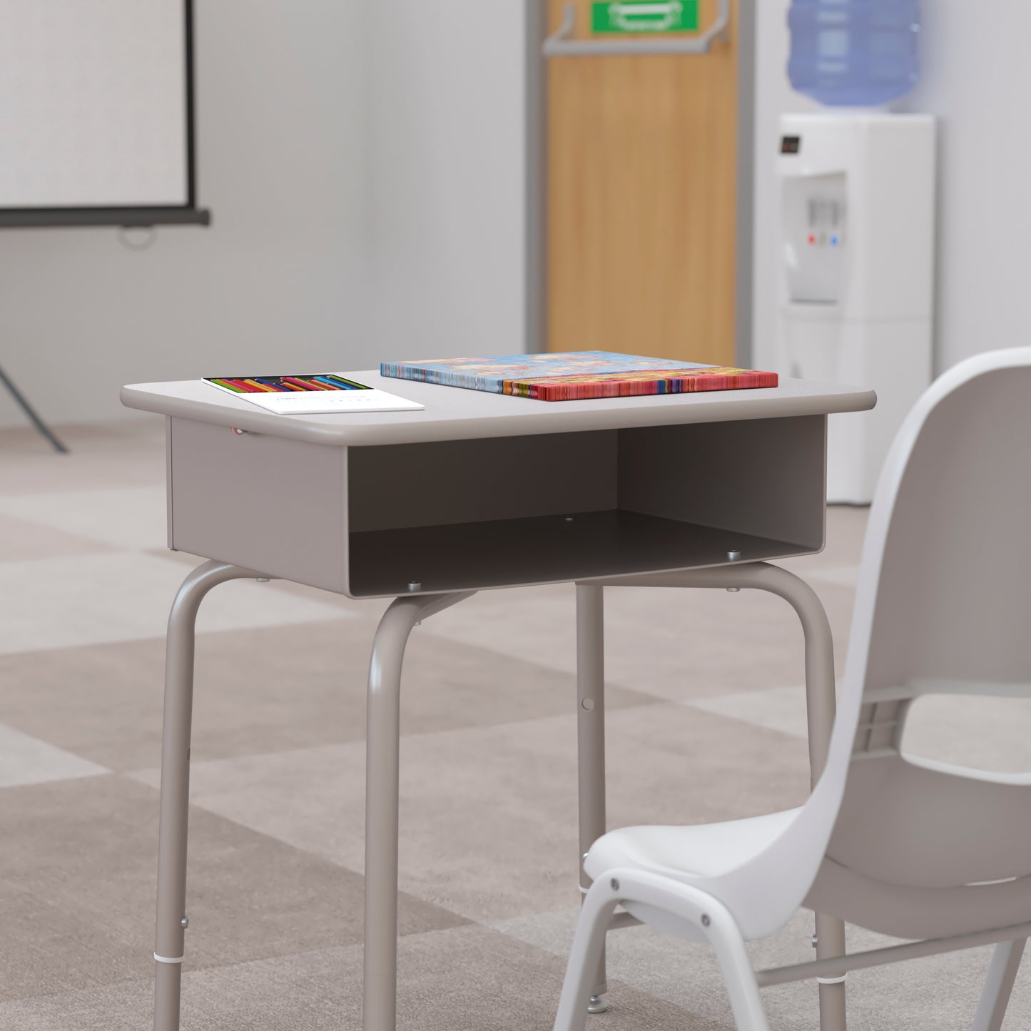 Billie Student Desk with Open Front Metal Book Box - Gray Granite/Silver Gray Granite Top/Silver Frame