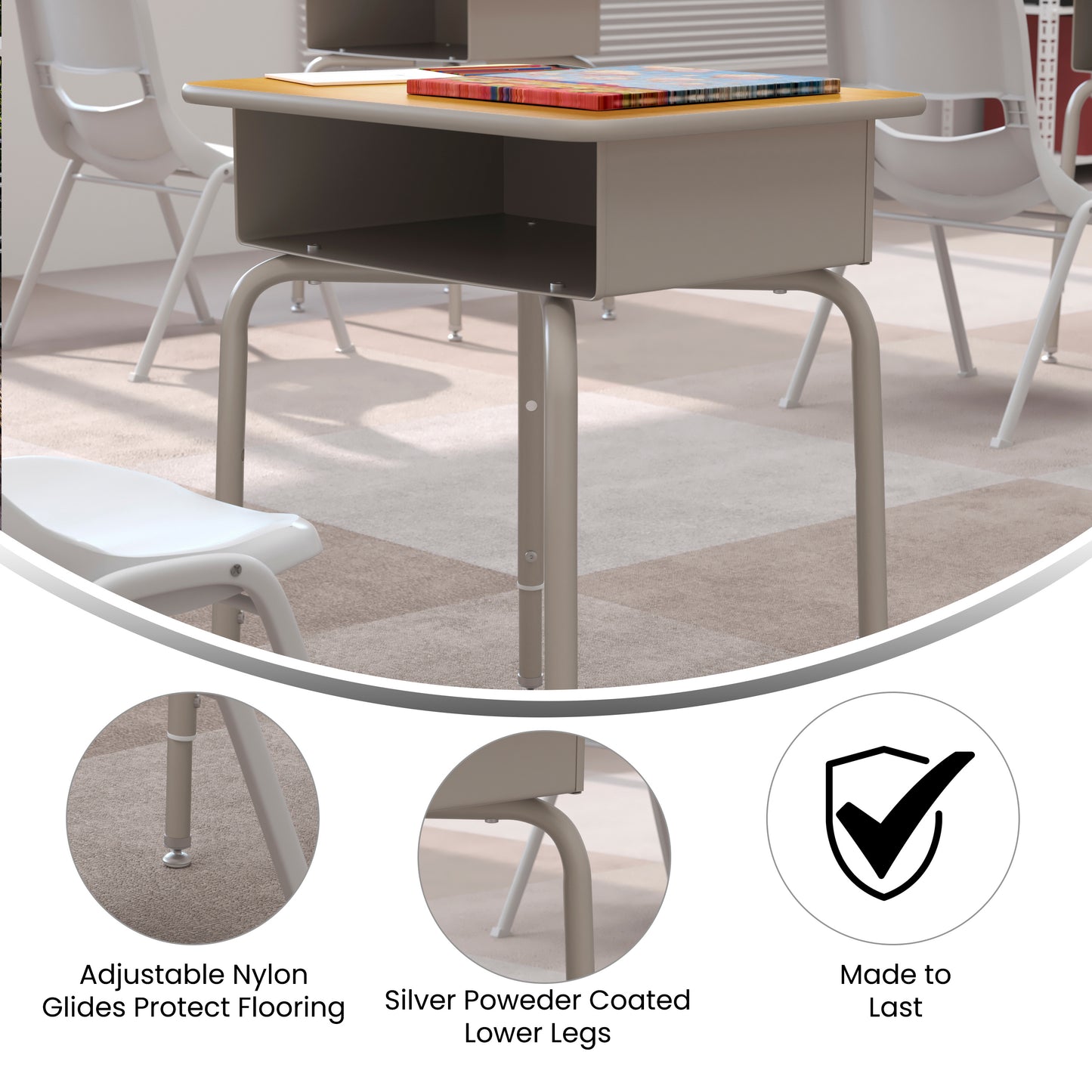 Billie Student Desk with Open Front Metal Book Box - Maple/Silver Maple Top/Silver Frame