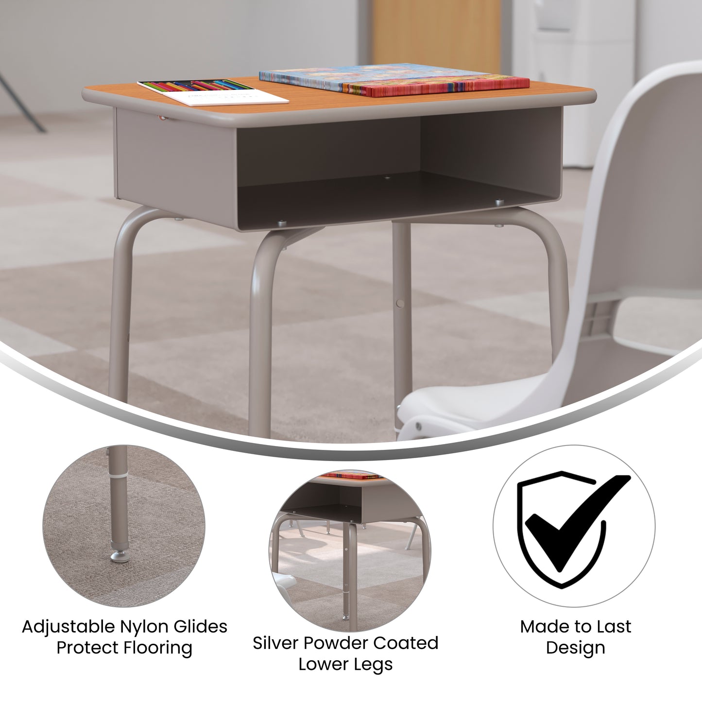 Billie Student Desk with Open Front Metal Book Box - Walnut/Silver Walnut Top/Silver Frame