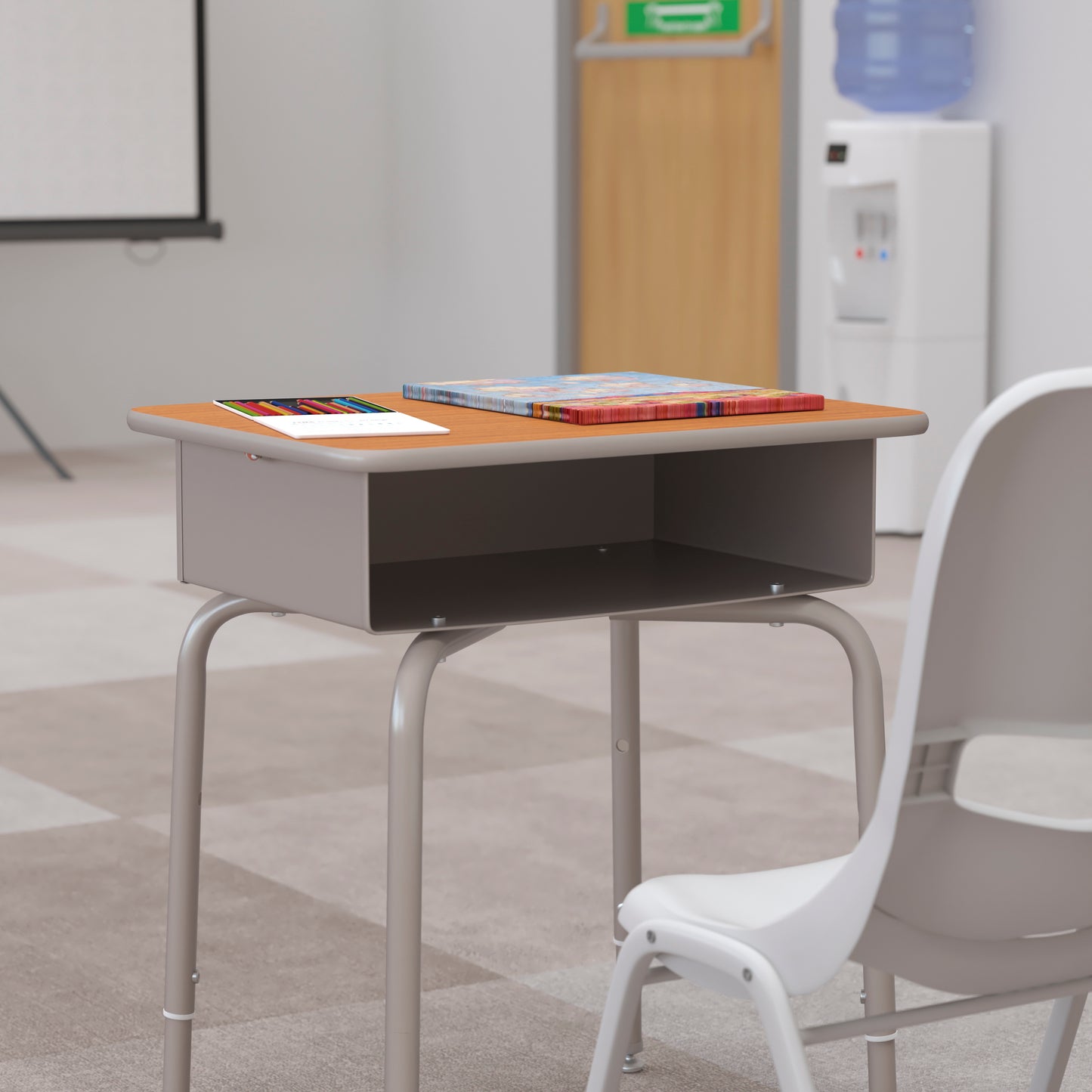 Billie Student Desk with Open Front Metal Book Box - Walnut/Silver Walnut Top/Silver Frame