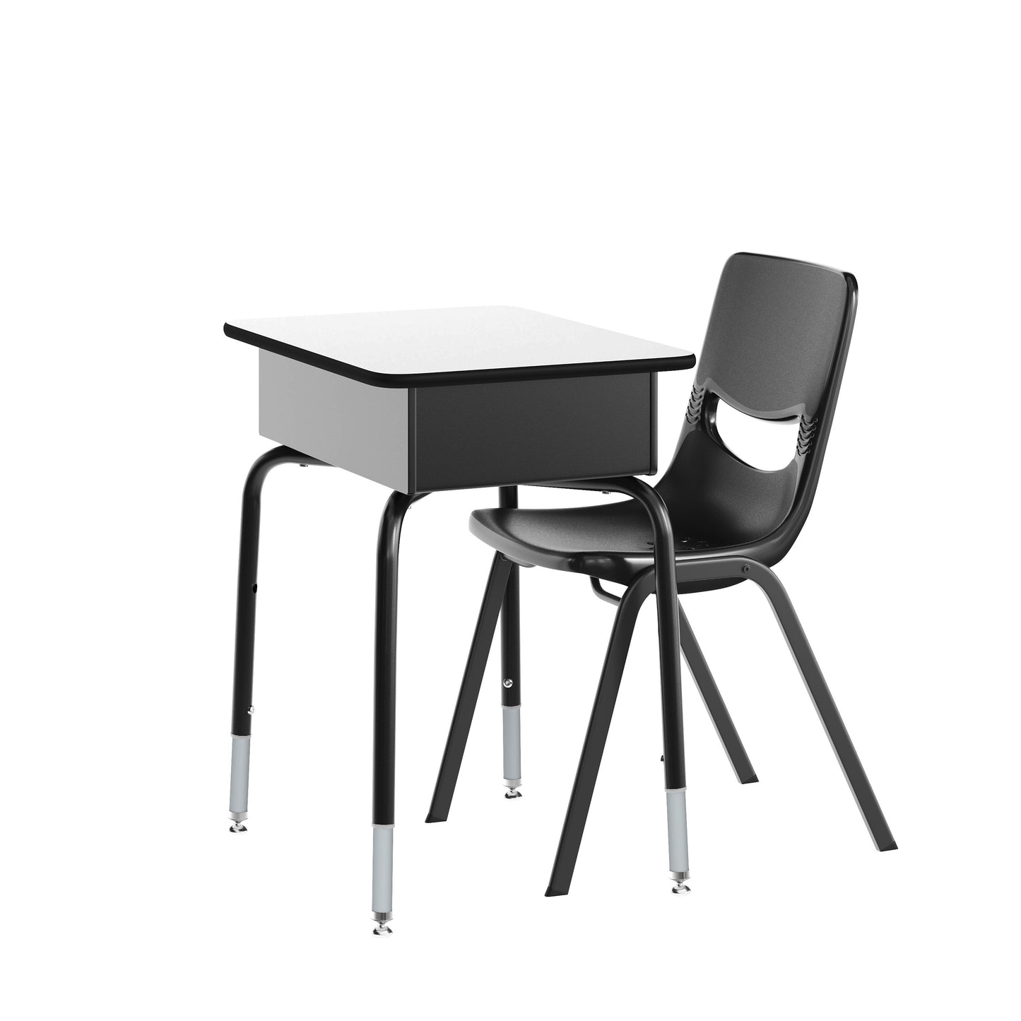 HERCULES Student Desk with Open Front Metal Book Box, Gray Desktop, and Black Frame and Black Heavy-Duty Flex Comfort Classroom Stack Chair Gray Top/Black Chair