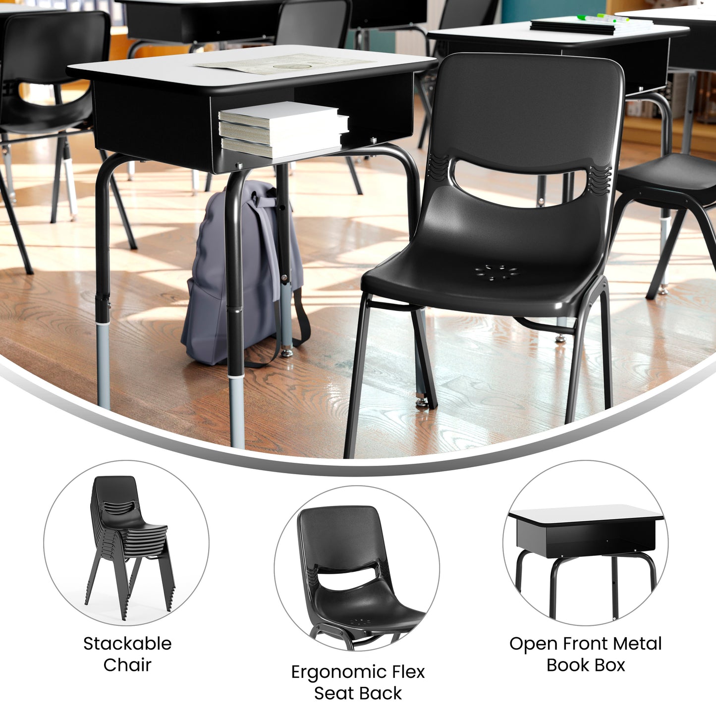 HERCULES Student Desk with Open Front Metal Book Box, Gray Desktop, and Black Frame and Black Heavy-Duty Flex Comfort Classroom Stack Chair Gray Top/Black Chair