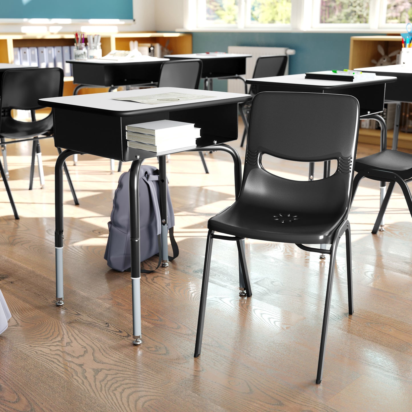 HERCULES Student Desk with Open Front Metal Book Box, Gray Desktop, and Black Frame and Black Heavy-Duty Flex Comfort Classroom Stack Chair Gray Top/Black Chair