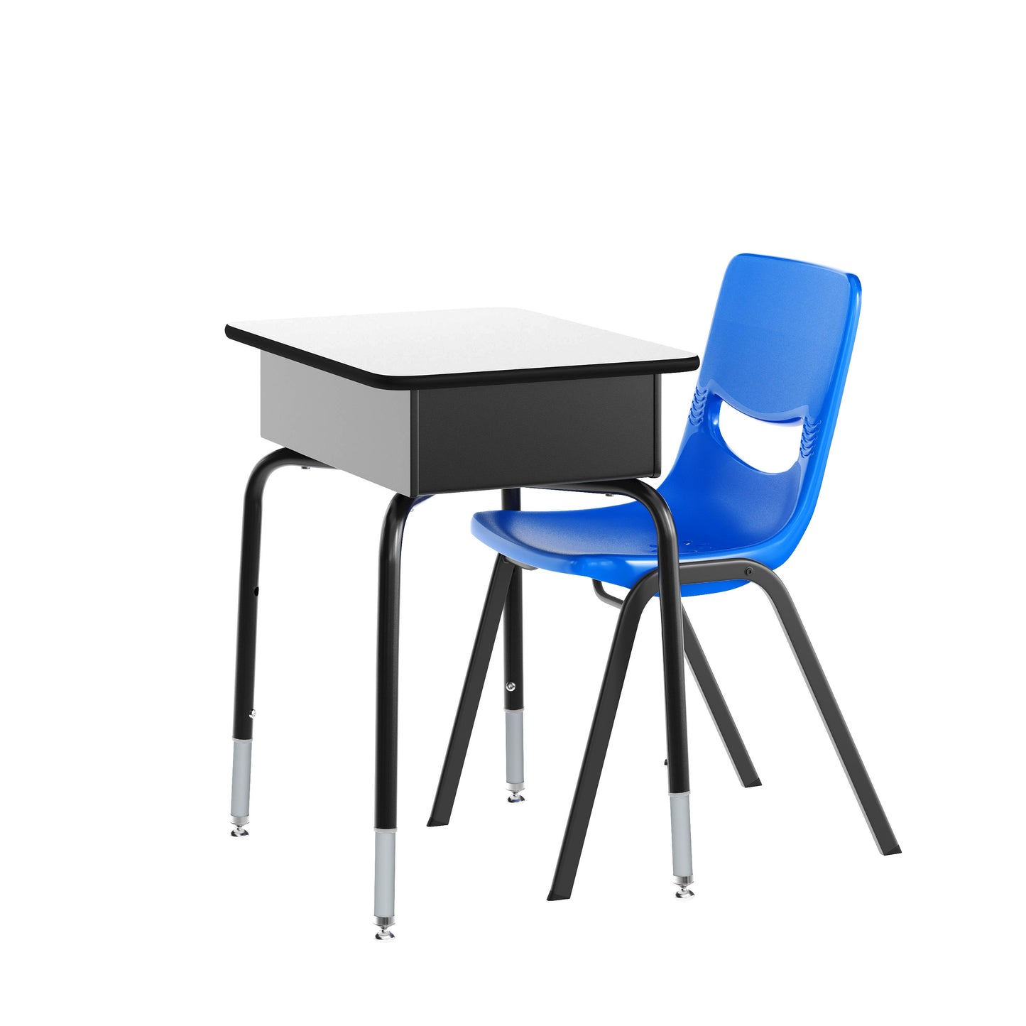 HERCULES Student Desk with Open Front Metal Book Box, Gray Desktop, and Black Frame and Navy Heavy-Duty Flex Comfort Classroom Stack Chair Gray Top/Navy Chair