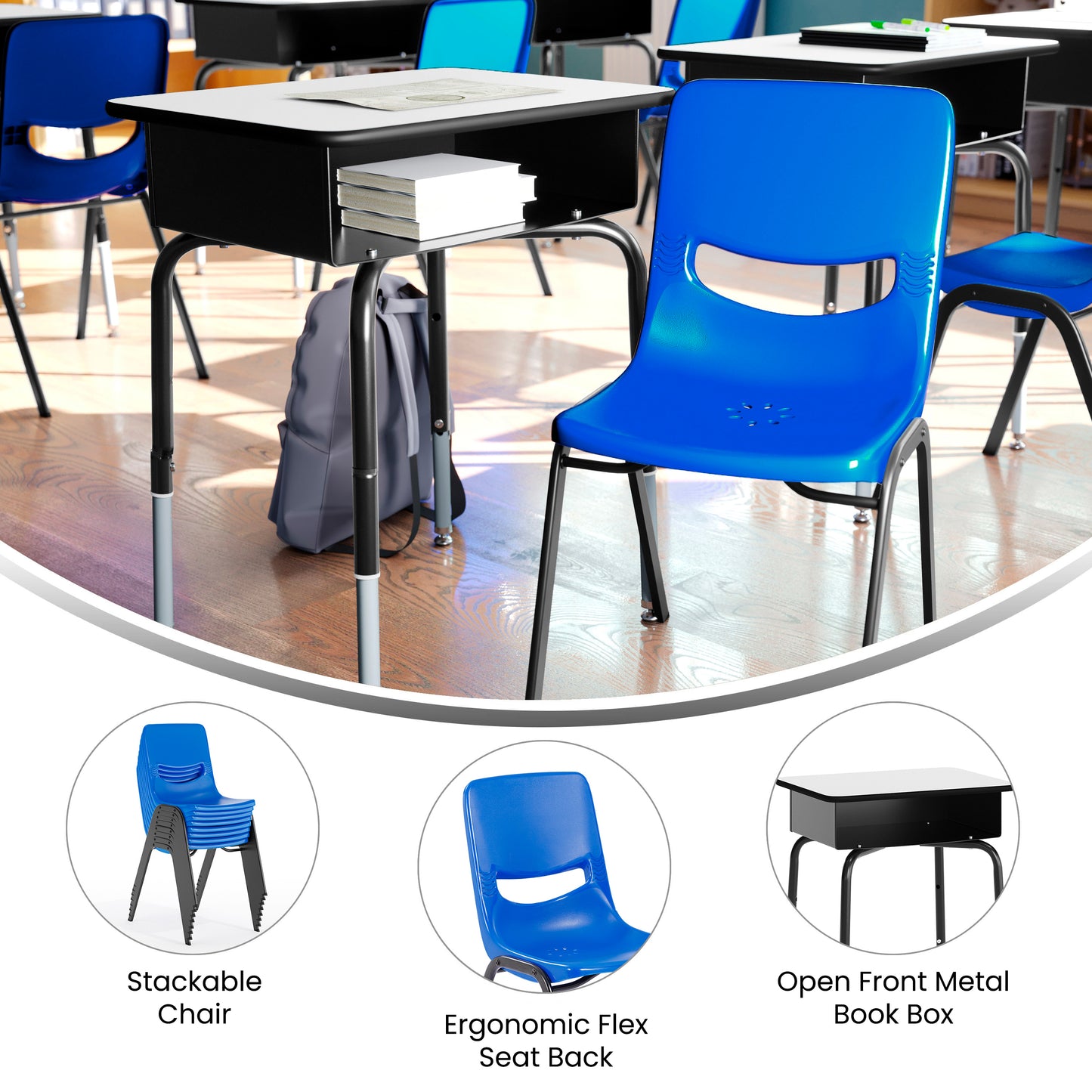 HERCULES Student Desk with Open Front Metal Book Box, Gray Desktop, and Black Frame and Navy Heavy-Duty Flex Comfort Classroom Stack Chair Gray Top/Navy Chair