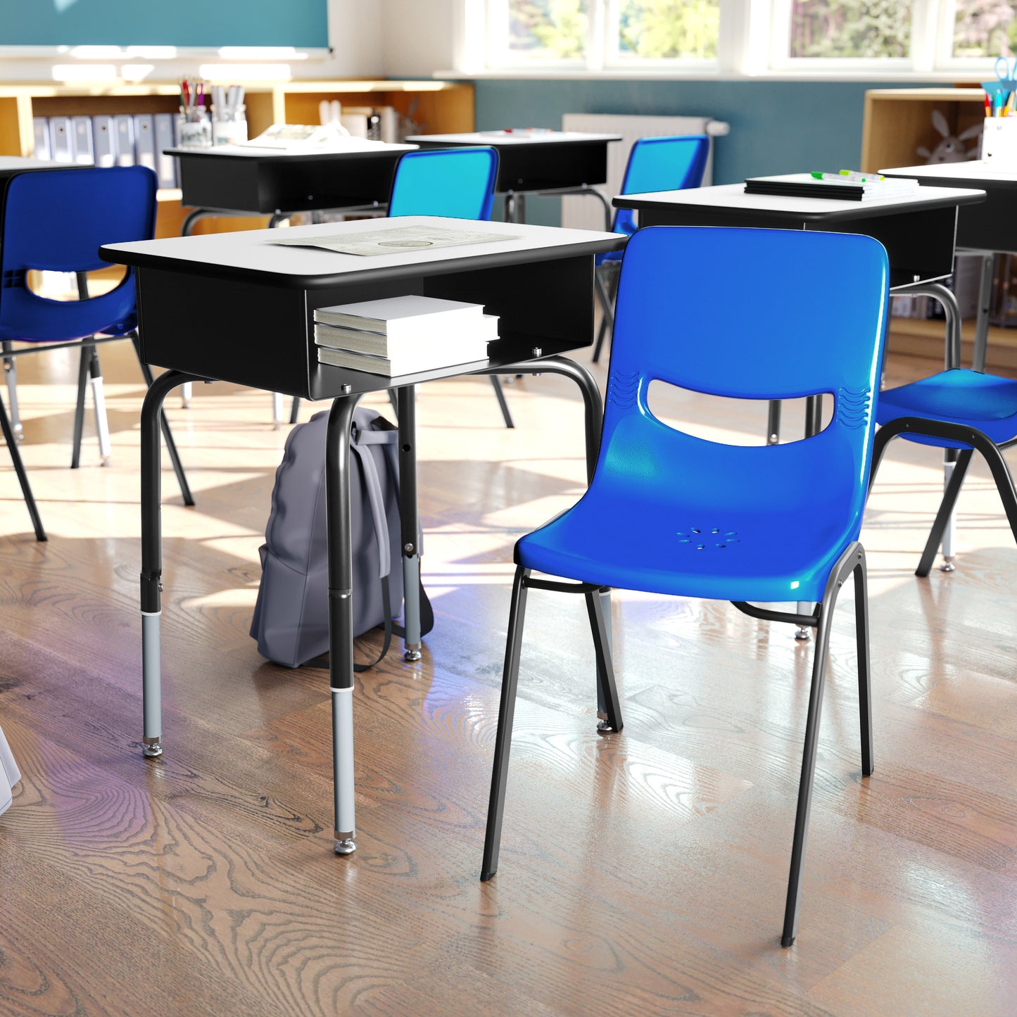 HERCULES Student Desk with Open Front Metal Book Box, Gray Desktop, and Black Frame and Navy Heavy-Duty Flex Comfort Classroom Stack Chair Gray Top/Navy Chair