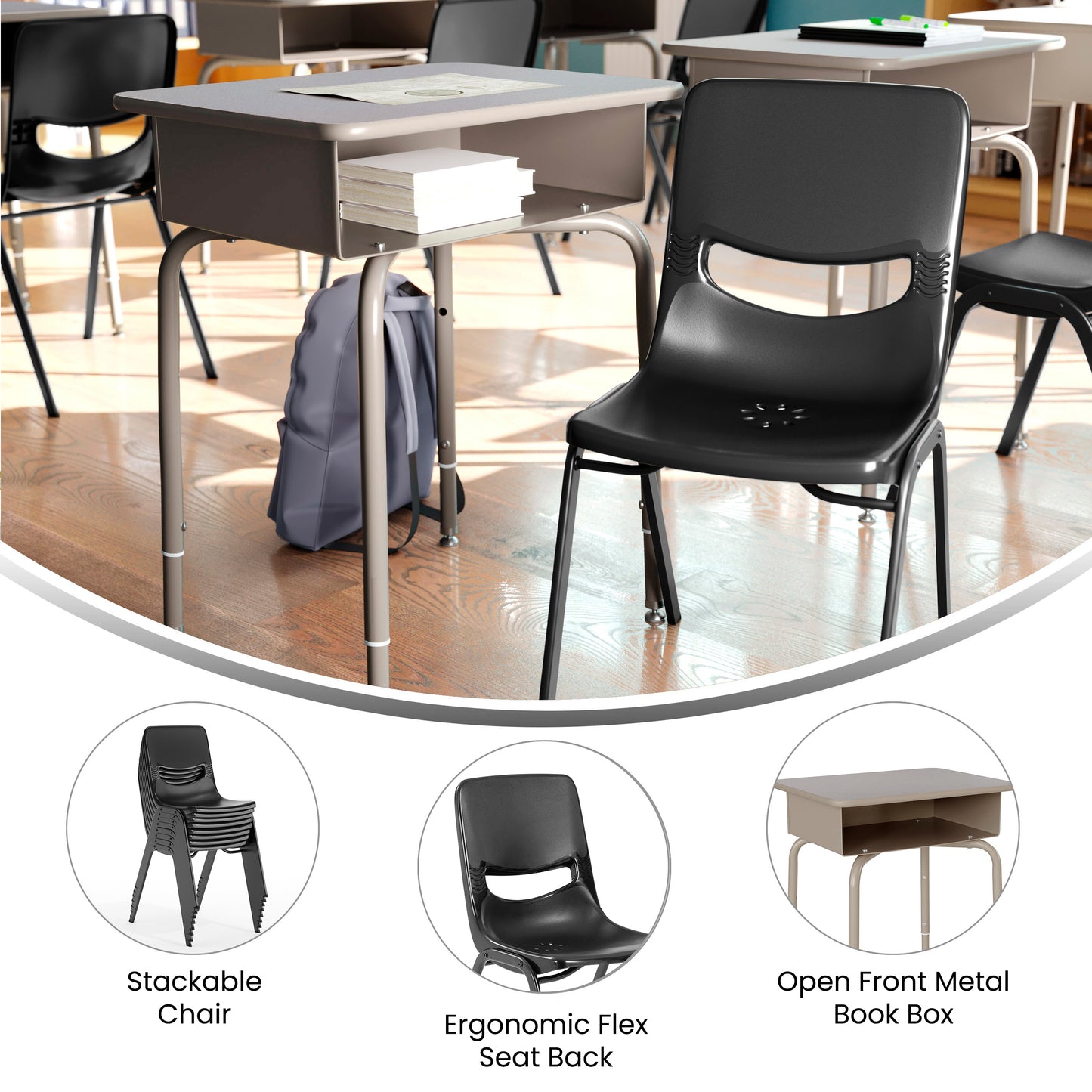 HERCULES Student Desk with Open Front Metal Book Box, Gray Granite Desktop, and Silver Frame and Black Heavy-Duty Flex Comfort Classroom Stack Chair Gray Granite Top/Black Chair