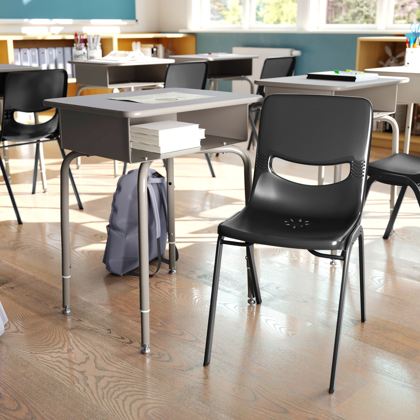 HERCULES Student Desk with Open Front Metal Book Box, Gray Granite Desktop, and Silver Frame and Black Heavy-Duty Flex Comfort Classroom Stack Chair Gray Granite Top/Black Chair