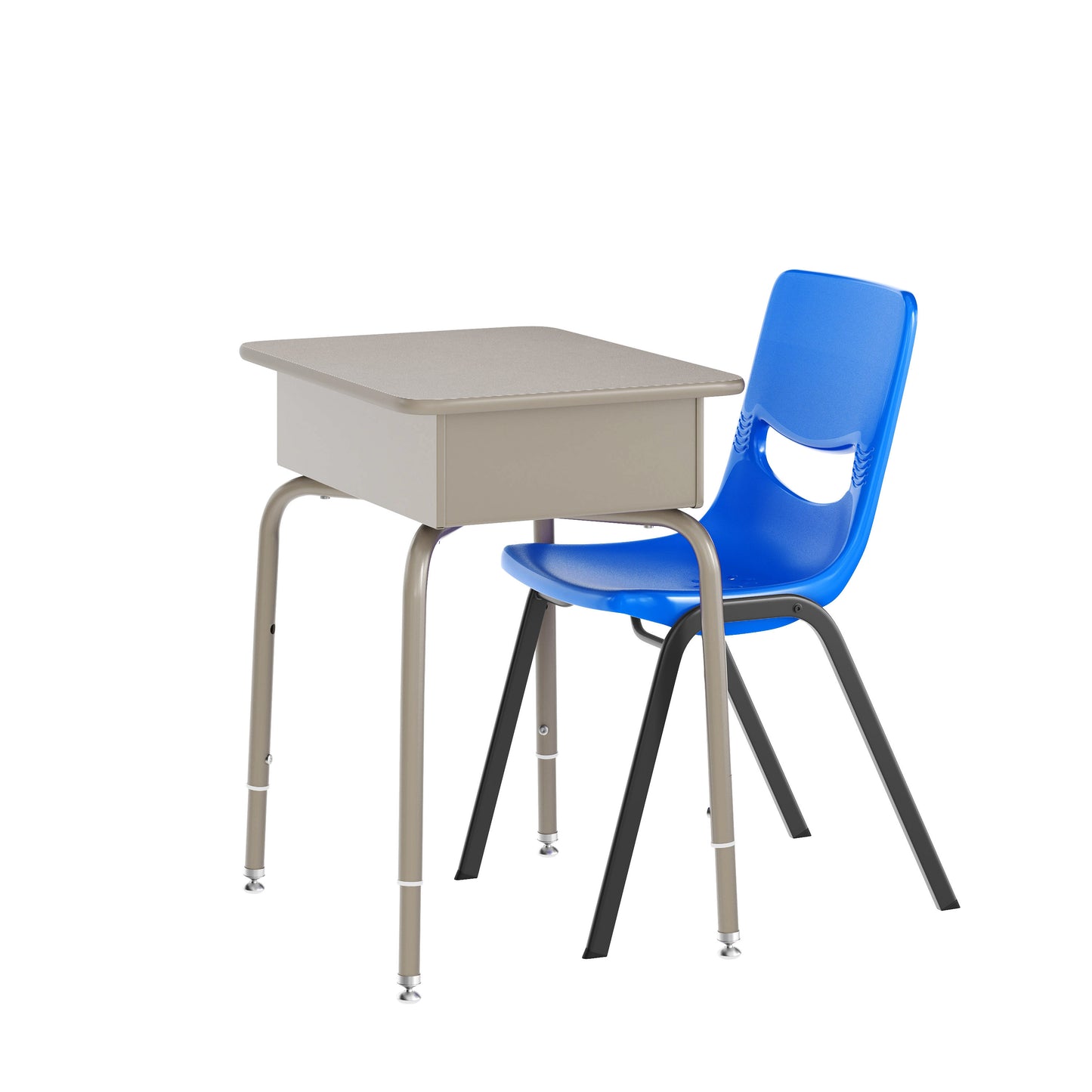 HERCULES Student Desk with Open Front Metal Book Box, Gray Granite Desktop, and Silver Frame and Navy Heavy-Duty Flex Comfort Classroom Stack Chair Gray Granite Top/Navy Chair