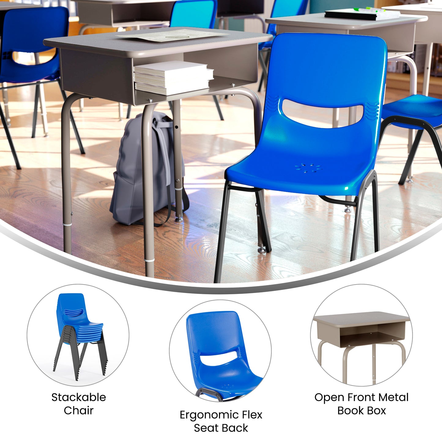 HERCULES Student Desk with Open Front Metal Book Box, Gray Granite Desktop, and Silver Frame and Navy Heavy-Duty Flex Comfort Classroom Stack Chair Gray Granite Top/Navy Chair