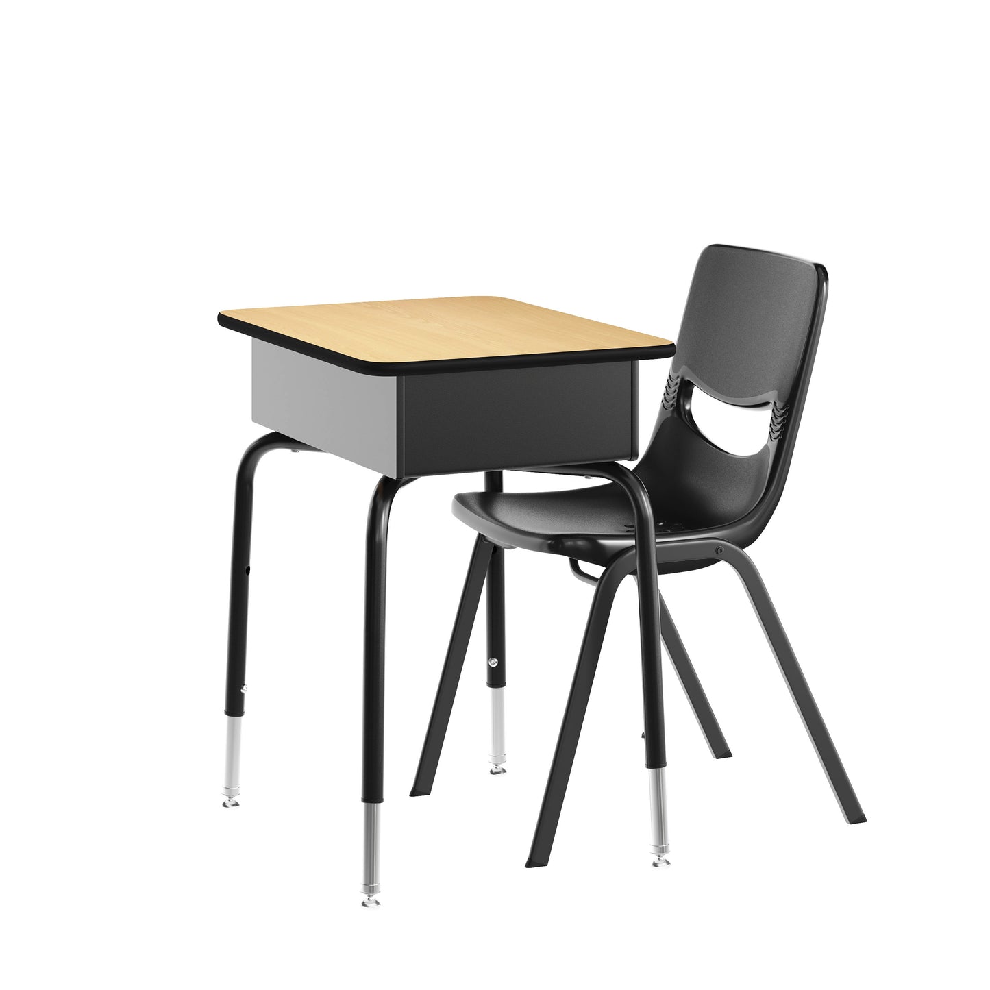 HERCULES Student Desk with Open Front Metal Book Box, Natural Desktop, and Black Frame and Black Heavy-Duty Flex Comfort Classroom Stack Chair Natural Top/Black Chair