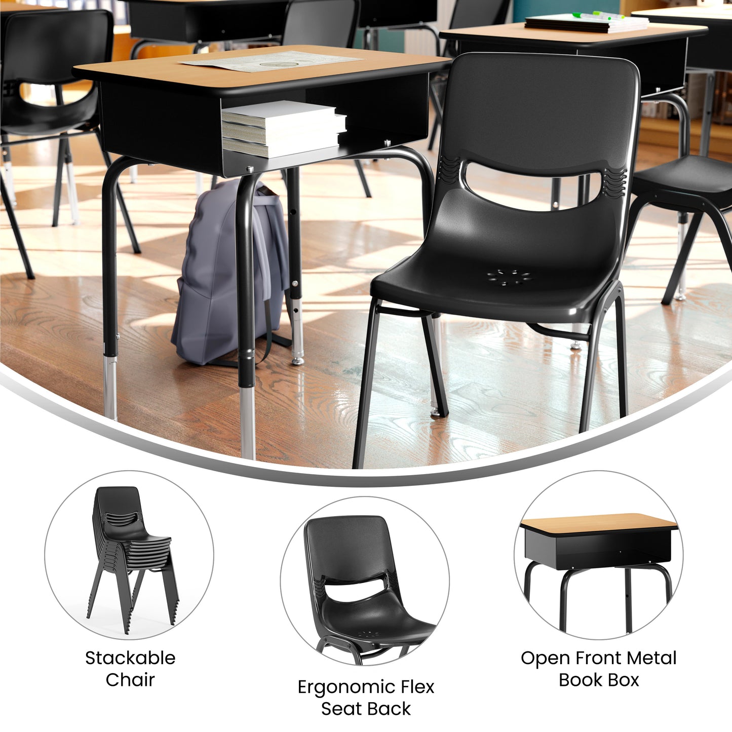 HERCULES Student Desk with Open Front Metal Book Box, Natural Desktop, and Black Frame and Black Heavy-Duty Flex Comfort Classroom Stack Chair Natural Top/Black Chair
