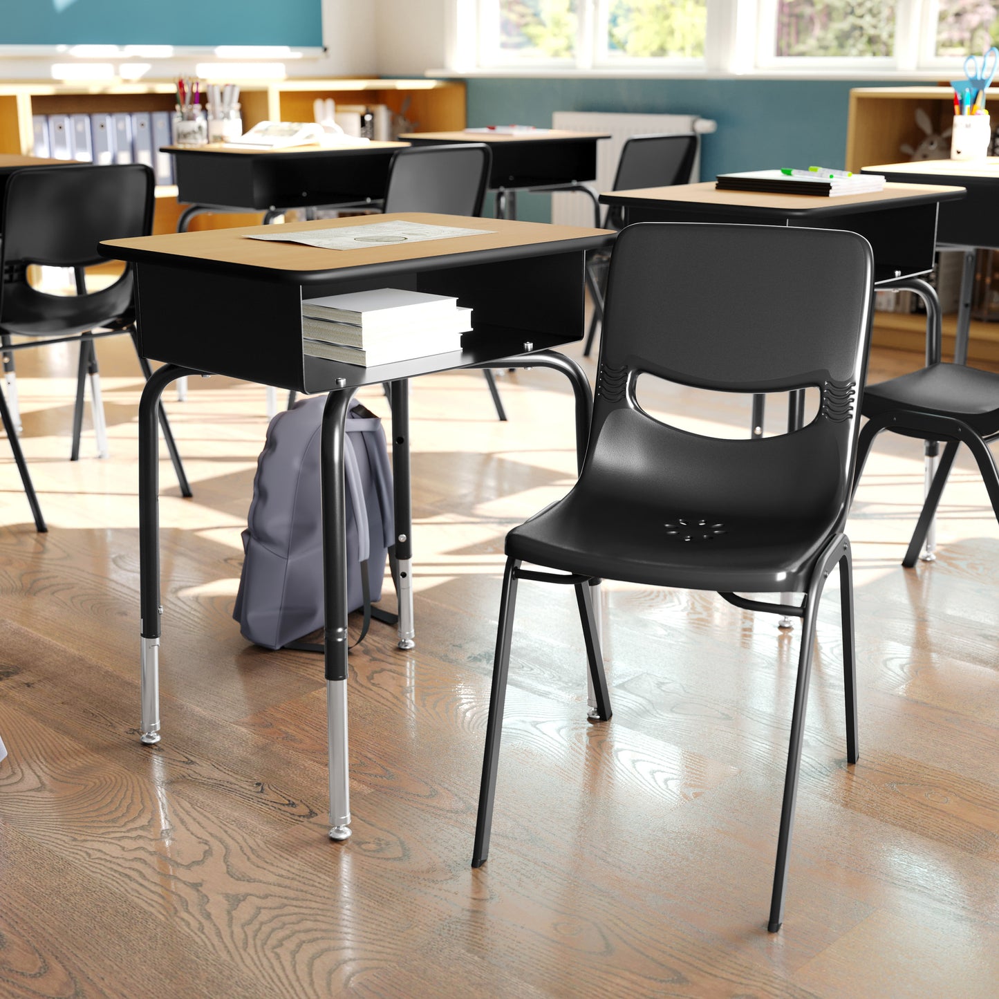 HERCULES Student Desk with Open Front Metal Book Box, Natural Desktop, and Black Frame and Black Heavy-Duty Flex Comfort Classroom Stack Chair Natural Top/Black Chair