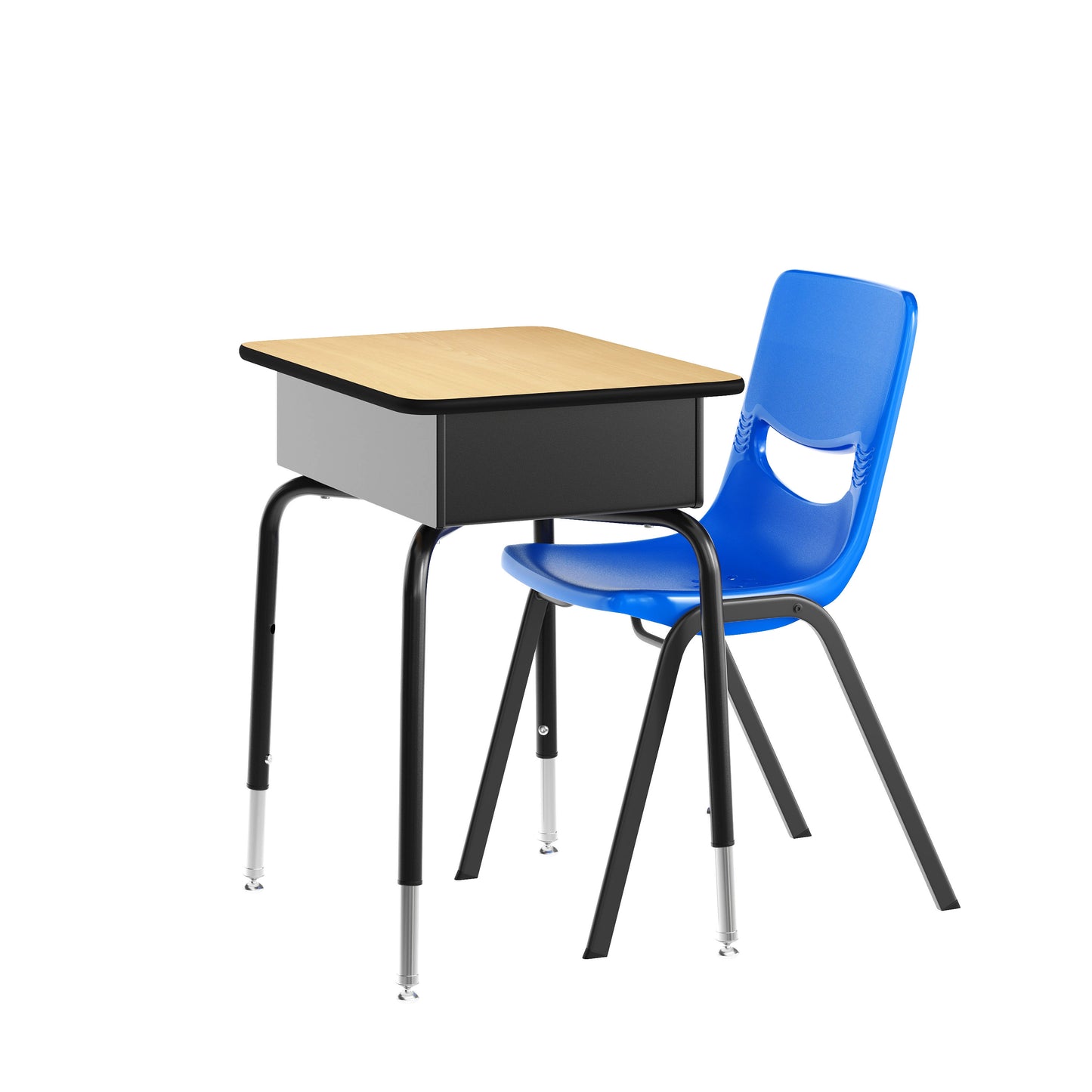 HERCULES Student Desk with Open Front Metal Book Box, Natural Desktop, and Black Frame and Navy Heavy-Duty Flex Comfort Classroom Stack Chair Natural Top/Navy Chair