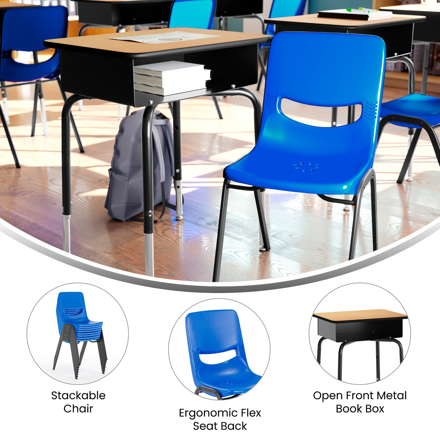 HERCULES Student Desk with Open Front Metal Book Box, Natural Desktop, and Black Frame and Navy Heavy-Duty Flex Comfort Classroom Stack Chair Natural Top/Navy Chair
