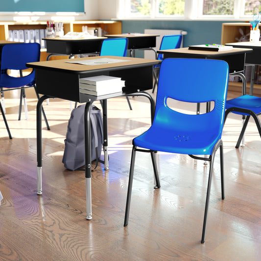 HERCULES Student Desk with Open Front Metal Book Box, Natural Desktop, and Black Frame and Navy Heavy-Duty Flex Comfort Classroom Stack Chair Natural Top/Navy Chair