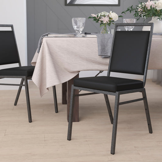 HERCULES Series Square Back Stacking Banquet Chair in Black Vinyl with Silvervein Frame Black Vinyl/Silver Vein Frame