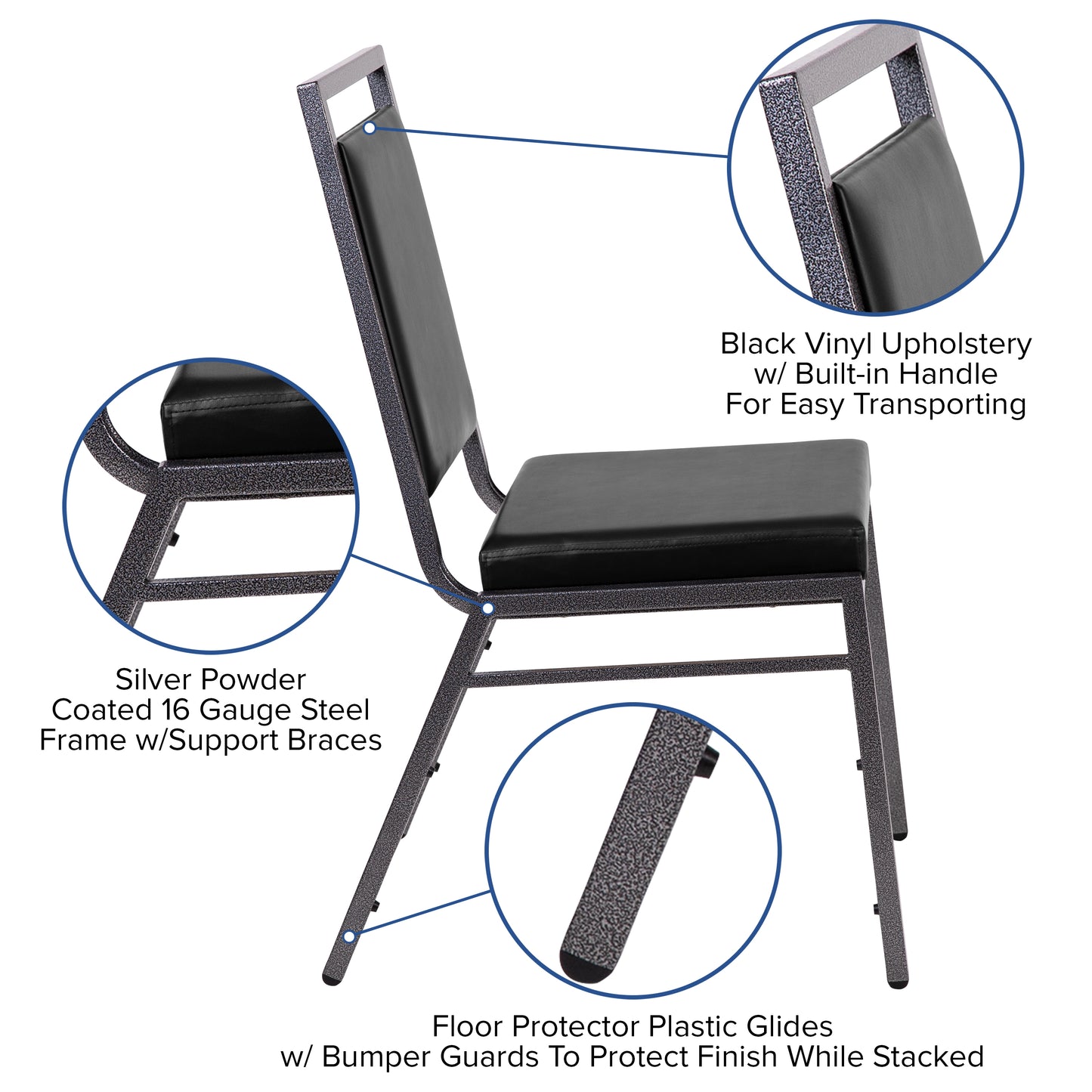 HERCULES Series Square Back Stacking Banquet Chair in Black Vinyl with Silvervein Frame Black Vinyl/Silver Vein Frame