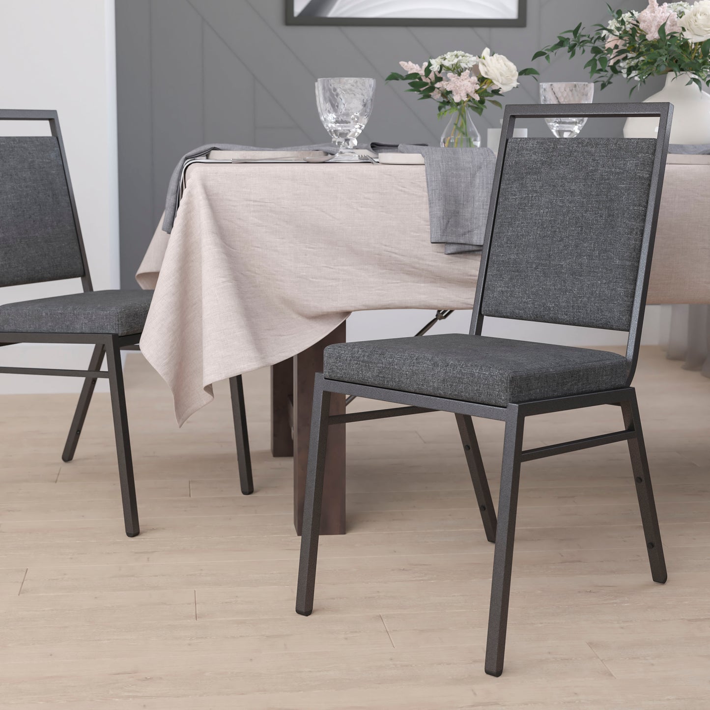 HERCULES Series Square Back Stacking Banquet Chair in Dark Gray Fabric with Silvervein Frame Dark Gray Fabric/Silver Vein Frame FD-LUX-SIL-DKGY-GG