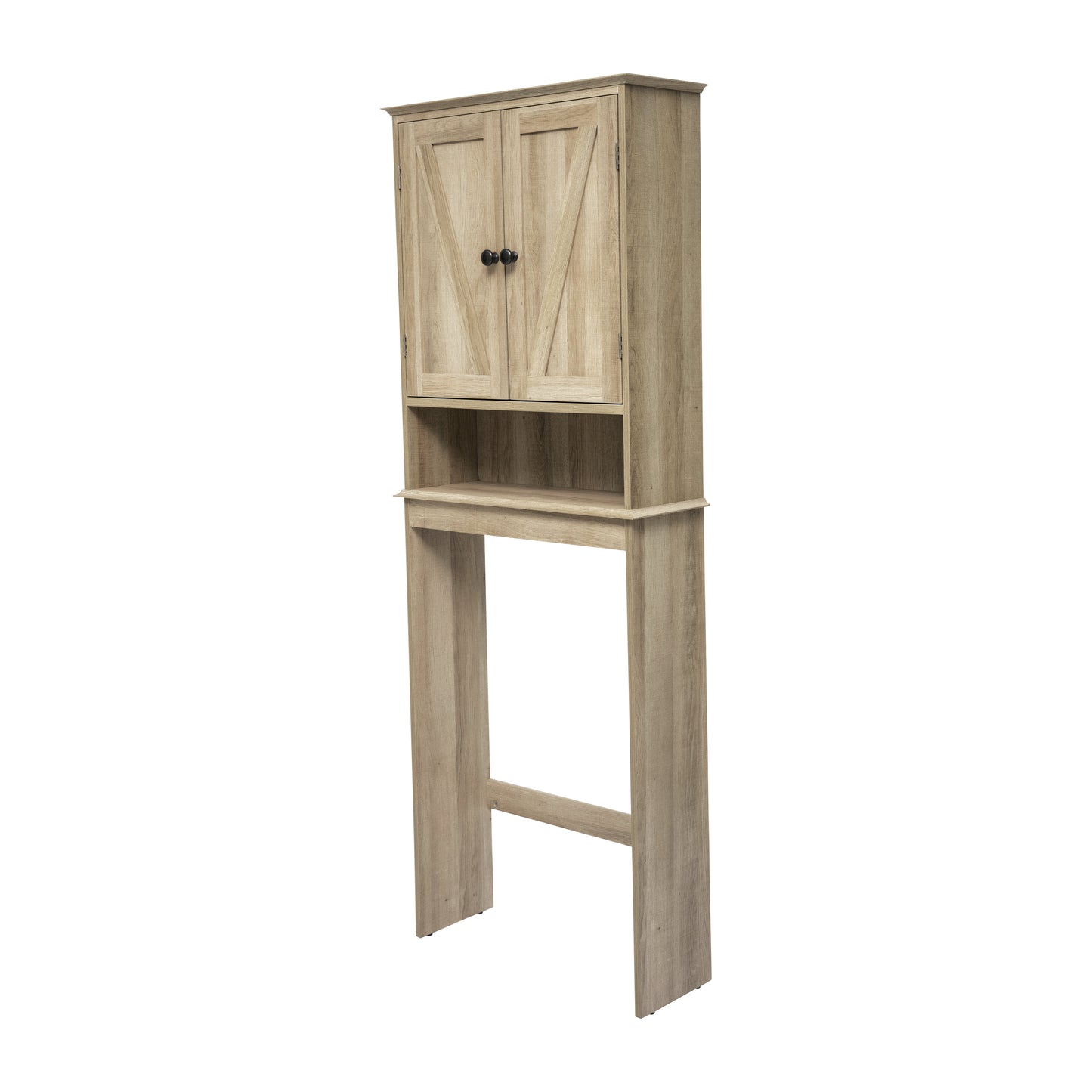 Dune Farmhouse Over the Toilet Shelf Cabinet, Magnetic Close Doors, Adjustable In-Cabinet Shelf, Lower Open Shelf, Metal Handles and Hinges, Brown Brown