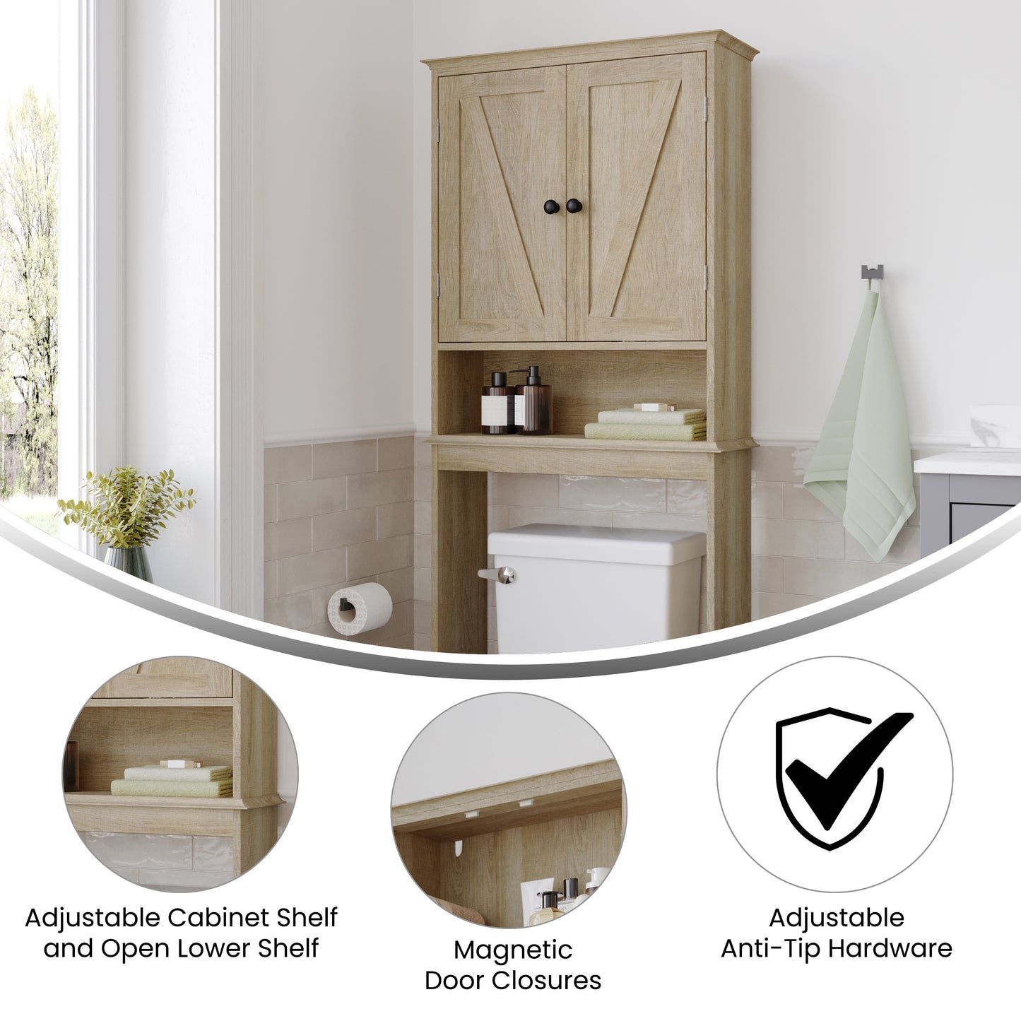 Dune Farmhouse Over the Toilet Shelf Cabinet, Magnetic Close Doors, Adjustable In-Cabinet Shelf, Lower Open Shelf, Metal Handles and Hinges, Brown Brown
