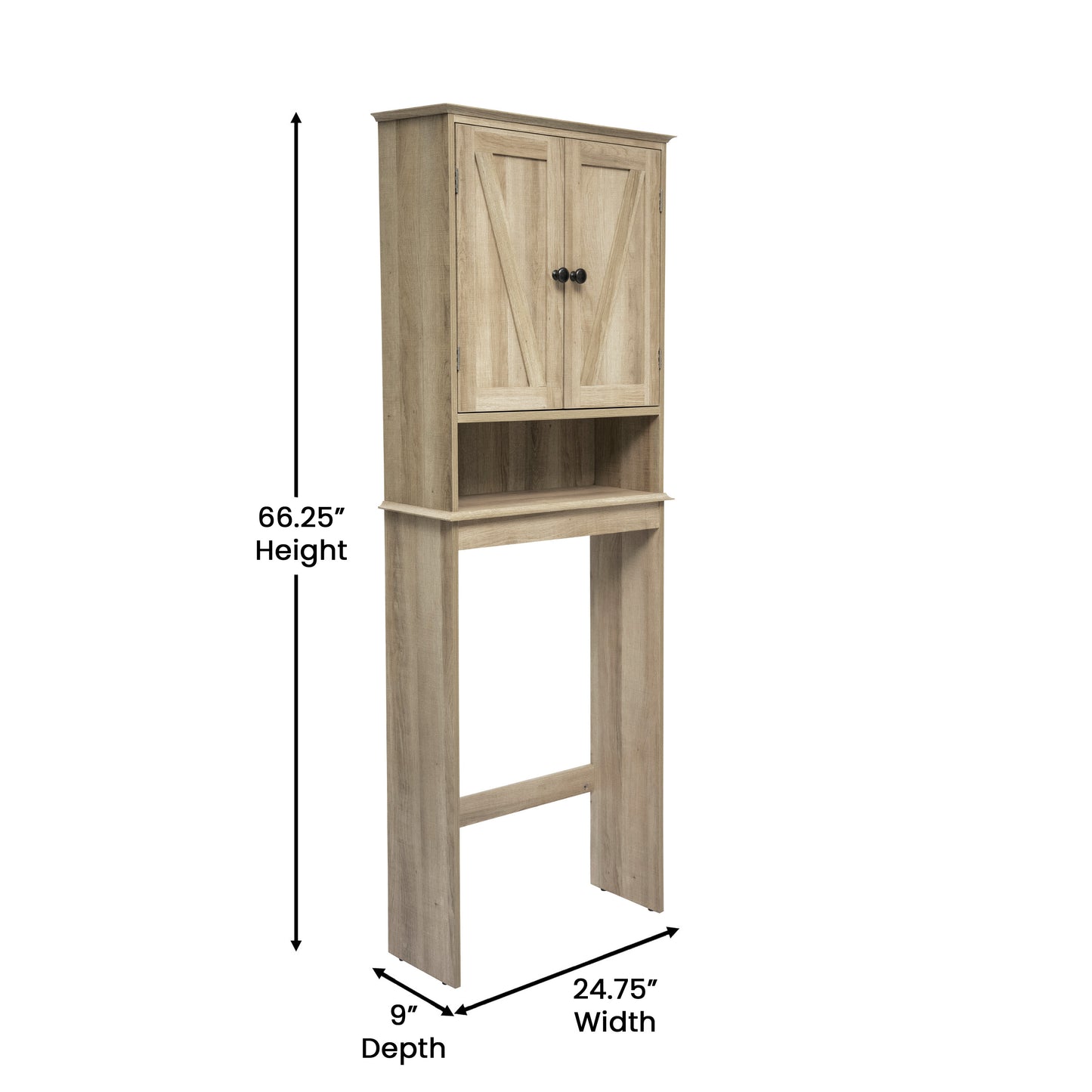 Dune Farmhouse Over the Toilet Shelf Cabinet, Magnetic Close Doors, Adjustable In-Cabinet Shelf, Lower Open Shelf, Metal Handles and Hinges, Brown Brown