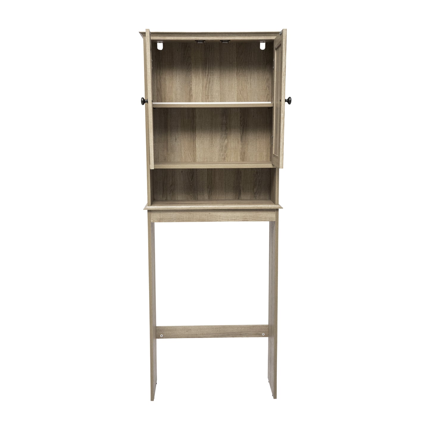 Dune Farmhouse Over the Toilet Shelf Cabinet, Magnetic Close Doors, Adjustable In-Cabinet Shelf, Lower Open Shelf, Metal Handles and Hinges, Brown Brown