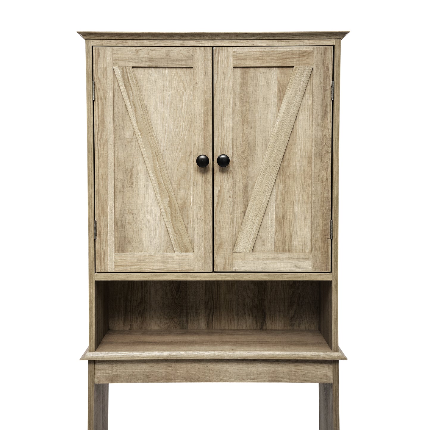 Dune Farmhouse Over the Toilet Shelf Cabinet, Magnetic Close Doors, Adjustable In-Cabinet Shelf, Lower Open Shelf, Metal Handles and Hinges, Brown Brown