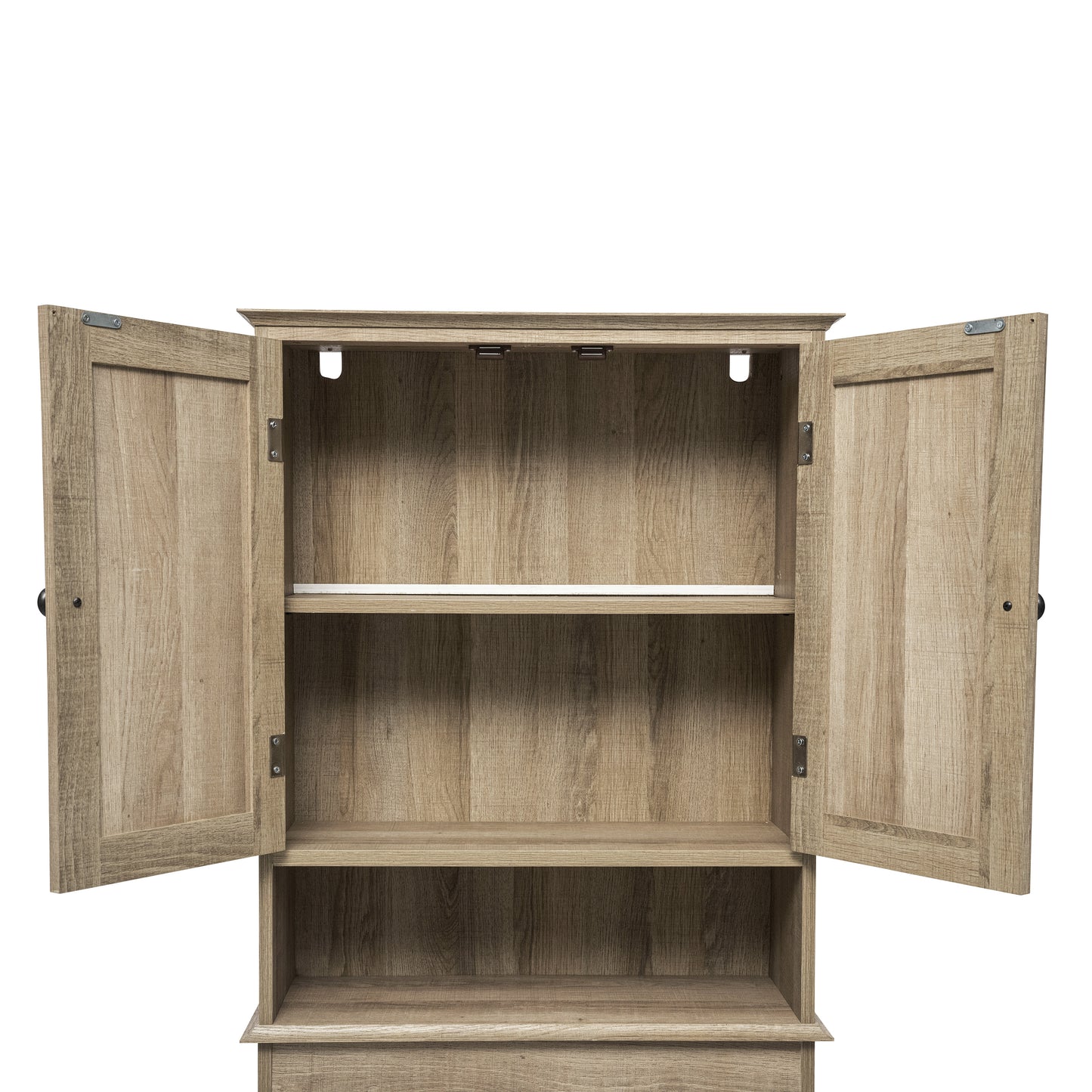 Dune Farmhouse Over the Toilet Shelf Cabinet, Magnetic Close Doors, Adjustable In-Cabinet Shelf, Lower Open Shelf, Metal Handles and Hinges, Brown Brown