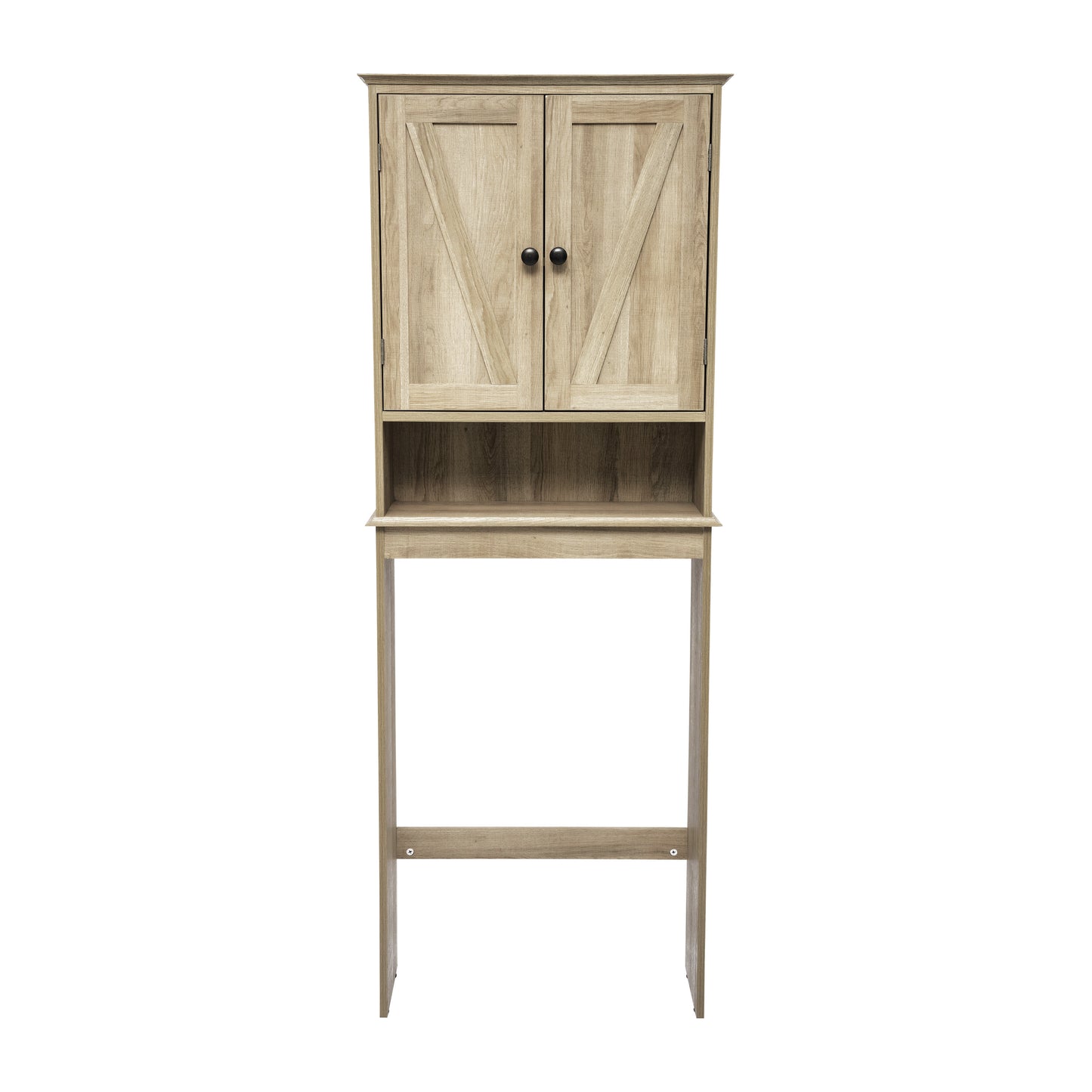Dune Farmhouse Over the Toilet Shelf Cabinet, Magnetic Close Doors, Adjustable In-Cabinet Shelf, Lower Open Shelf, Metal Handles and Hinges, Brown Brown