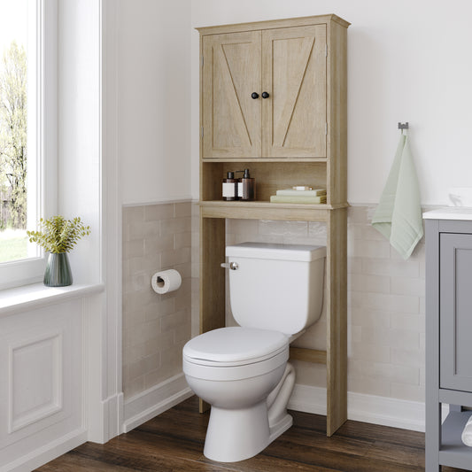 Dune Farmhouse Over the Toilet Shelf Cabinet, Magnetic Close Doors, Adjustable In-Cabinet Shelf, Lower Open Shelf, Metal Handles and Hinges, Brown Brown