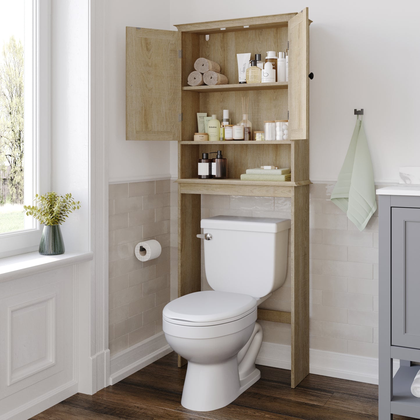 Dune Farmhouse Over the Toilet Shelf Cabinet, Magnetic Close Doors, Adjustable In-Cabinet Shelf, Lower Open Shelf, Metal Handles and Hinges, Brown Brown