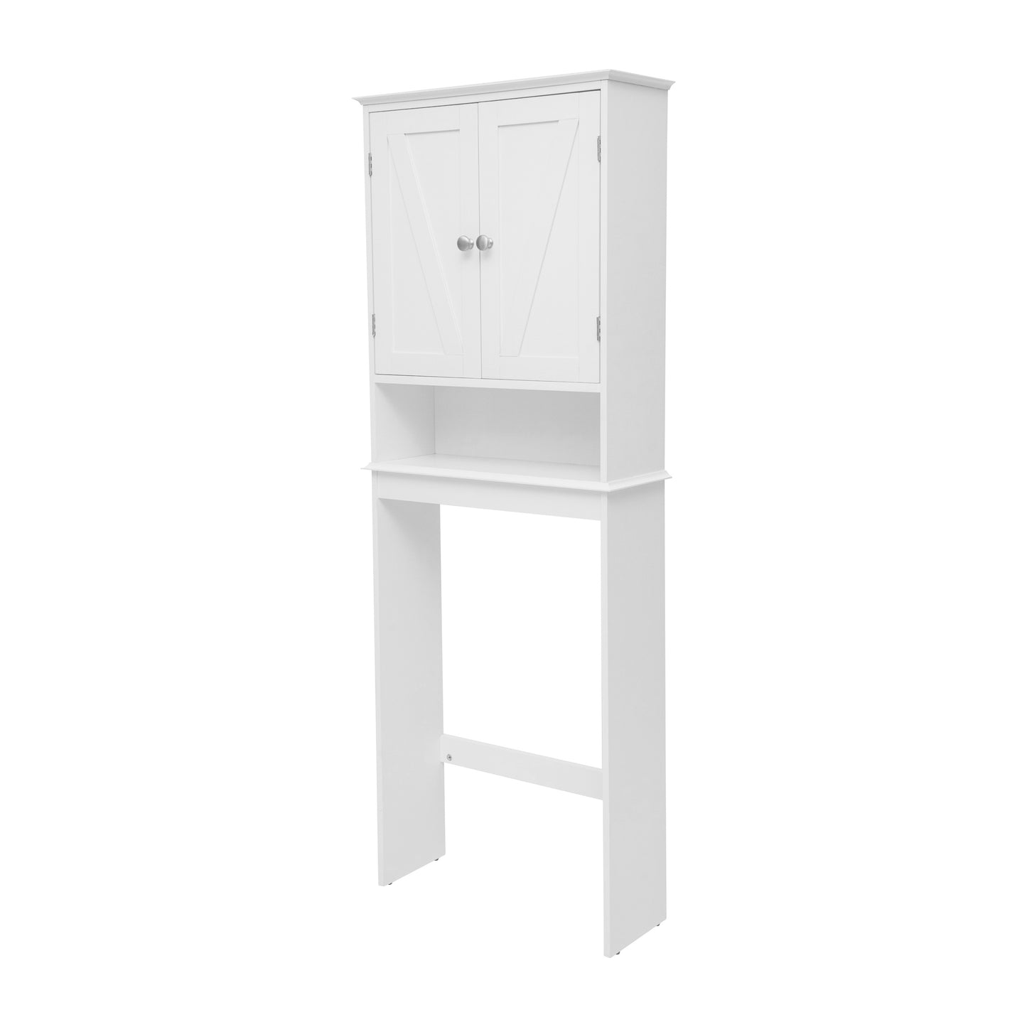 Dune Farmhouse Over the Toilet Shelf Cabinet, Magnetic Close Doors, Adjustable In-Cabinet Shelf, Lower Open Shelf, Metal Handles and Hinges, White White