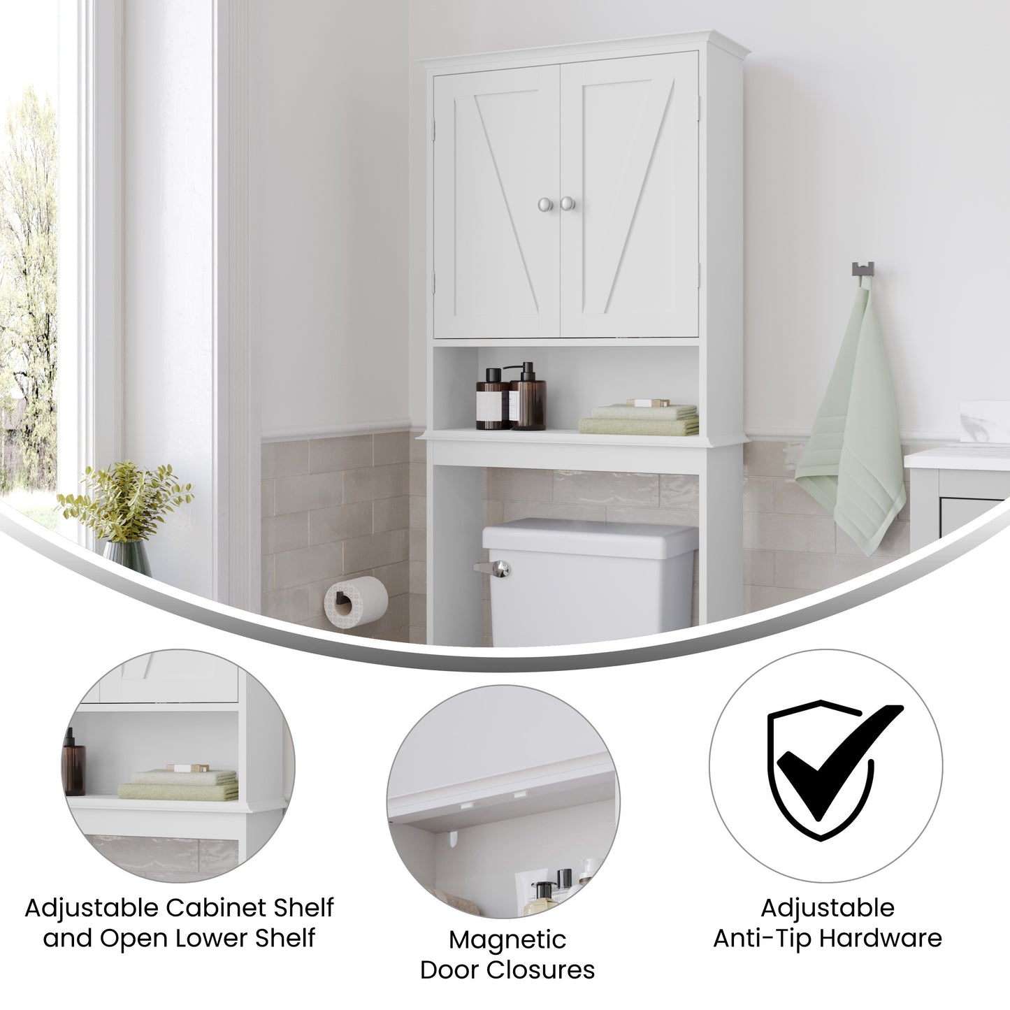 Dune Farmhouse Over the Toilet Shelf Cabinet, Magnetic Close Doors, Adjustable In-Cabinet Shelf, Lower Open Shelf, Metal Handles and Hinges, White White